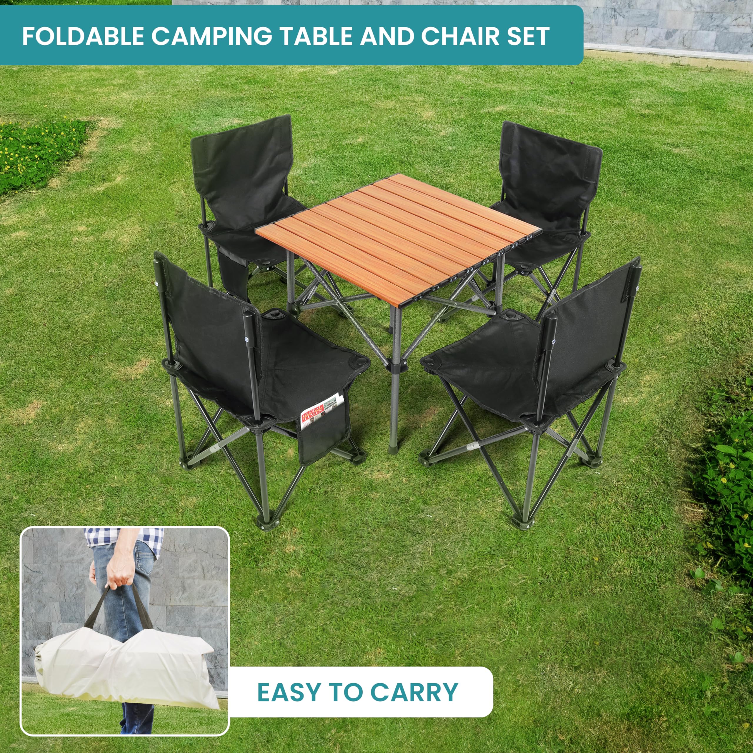 BELLE VOUS Ensemble de Chaises de Camping & Table Noir (5 Pièces) - Sièges Pliants Portables pour Usage Intérieur/Extérieur - Idéal pour Pique-Nique, Barbecue, Jardin & Voyage