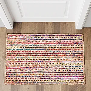 Hausattire Bohemian Braided Rug 2'x3' - Multi Color, Small Farmhouse Jute Cotton Area Rag Rugs for Entryway, Kids Playroom, Front Door | Colorful Hand Woven Reversible Accent Mat - 24x36 Inch
