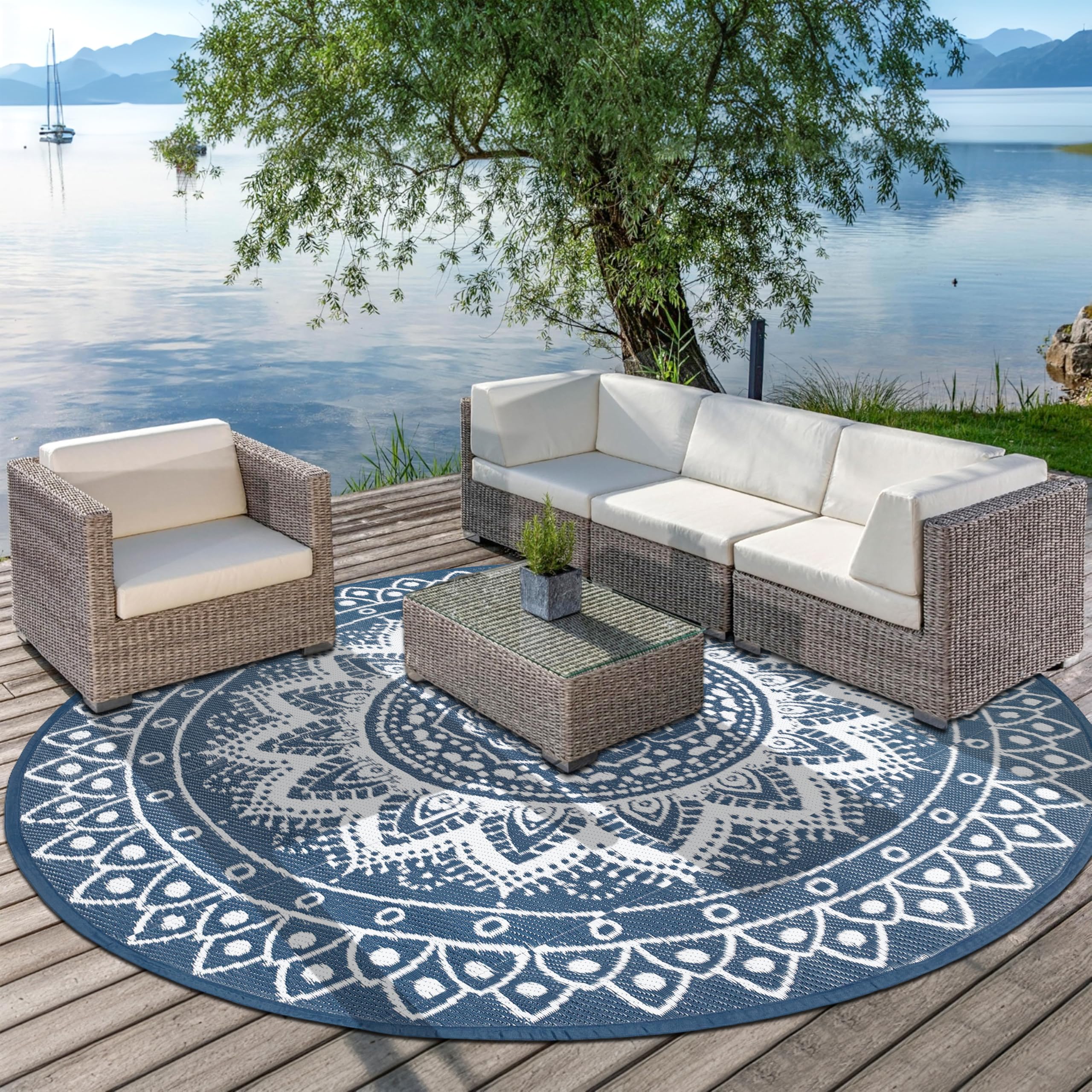 Tapis d'extérieur Rond pour terrasse 240cm réversible imperméable et Pliable bohème pour Camping-carTapis de Pique-Nique et de Camping pour RV, Balcon, Plage, terrasse, Bleu/Blanc