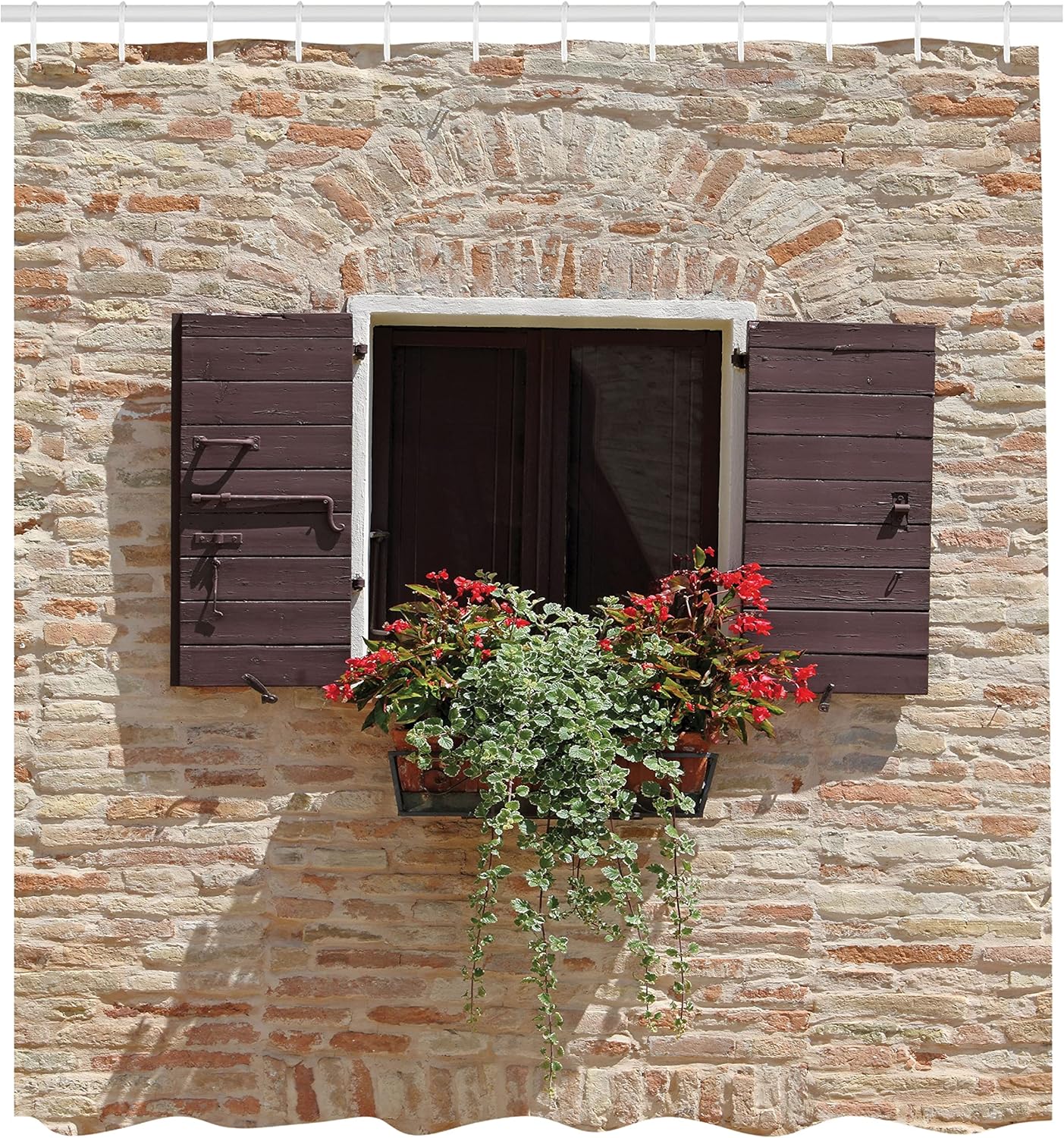 Ambesonne Tuscan Shower Curtain, Antique Looking Window on an Stone Wall with Flowers Pienza Tuscany Picture, Cloth Fabric Bathroom Decor Set with Hooks, 69" W x 84" L, Brown Ivory