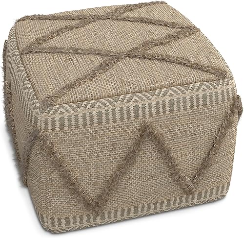 Miniatura 24 de SIMPLIHOME Barker Puf cuadrado bohemio tejido para exteriores/interiores en poliéster PET reciclado azul marino, verde azulado y blanco para sala de