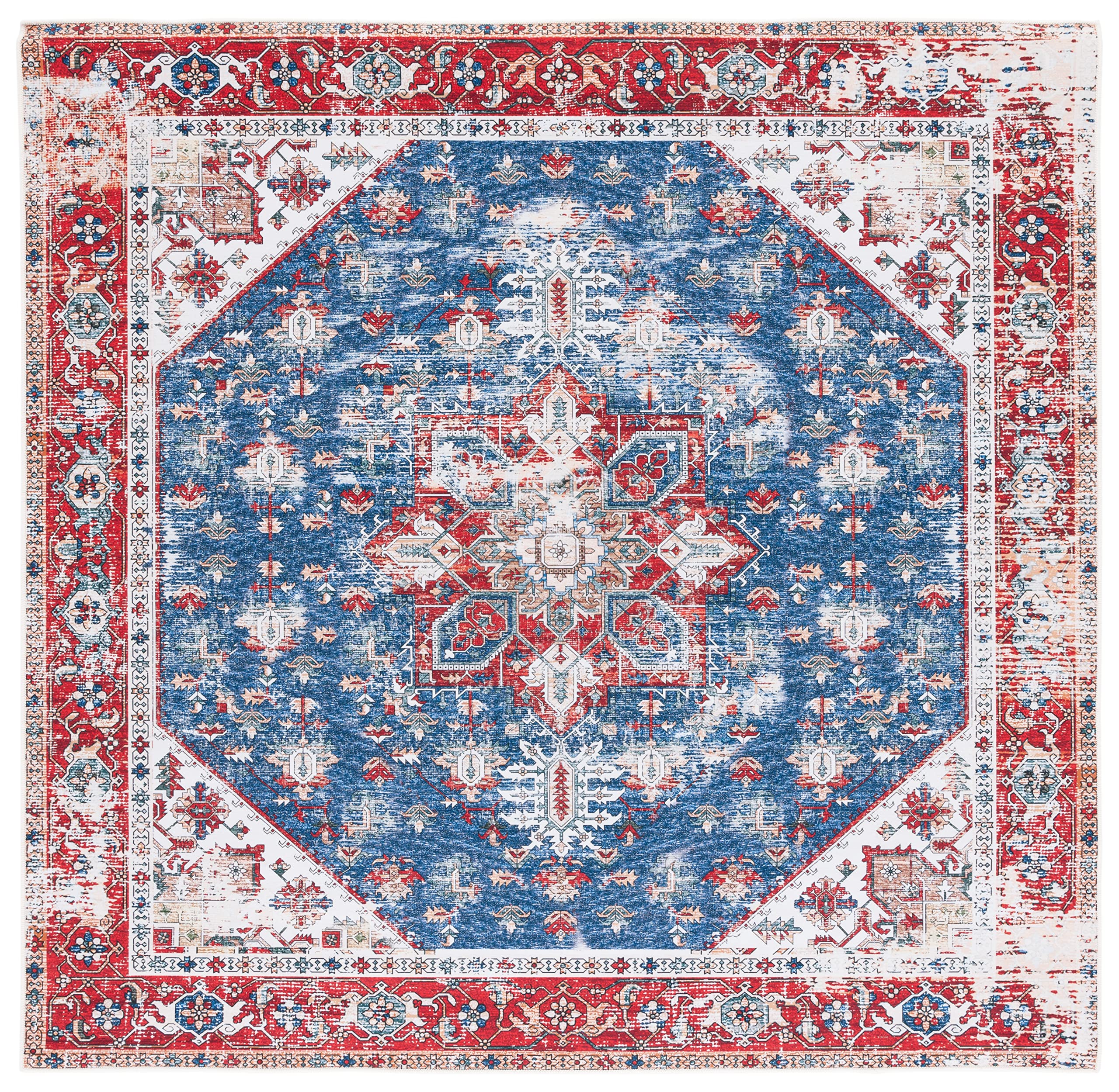 SAFAVIEH Washable Rug Tucson Collection - 5' Square, Blue & Red, Slip Resistant & Easy to Clean, Ideal for Living Room, Bedroom, Dining Space (TSN102M