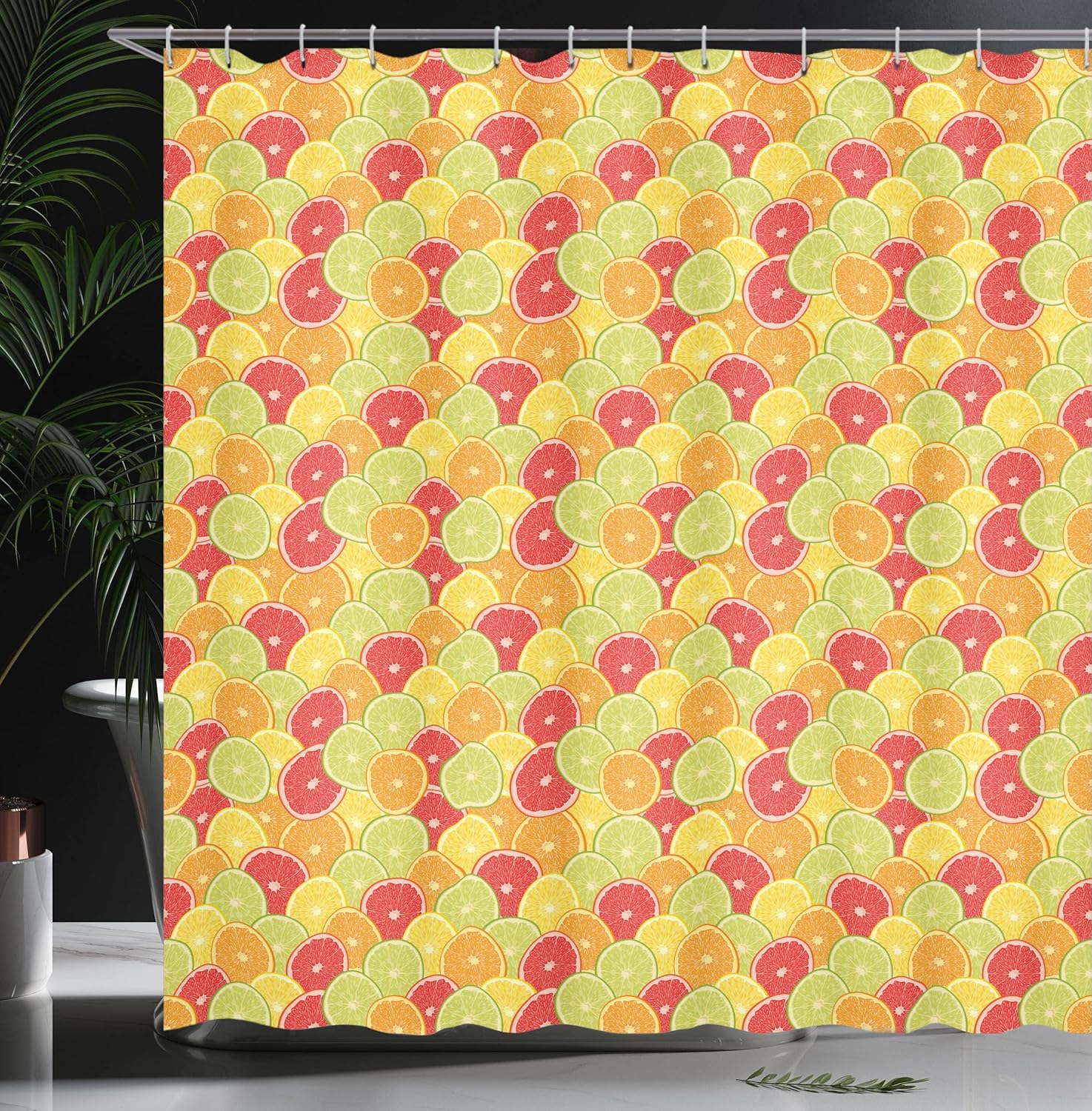 Ambesonne Colorful Shower Curtain, Fresh Ripe Citrus Fruits Orange Grapefruit and Lemon Repeating Circular Pattern, Cloth Fabric Bathroom Decor Set with Hooks, 69" W x 75" L, Multicolor Lime Green