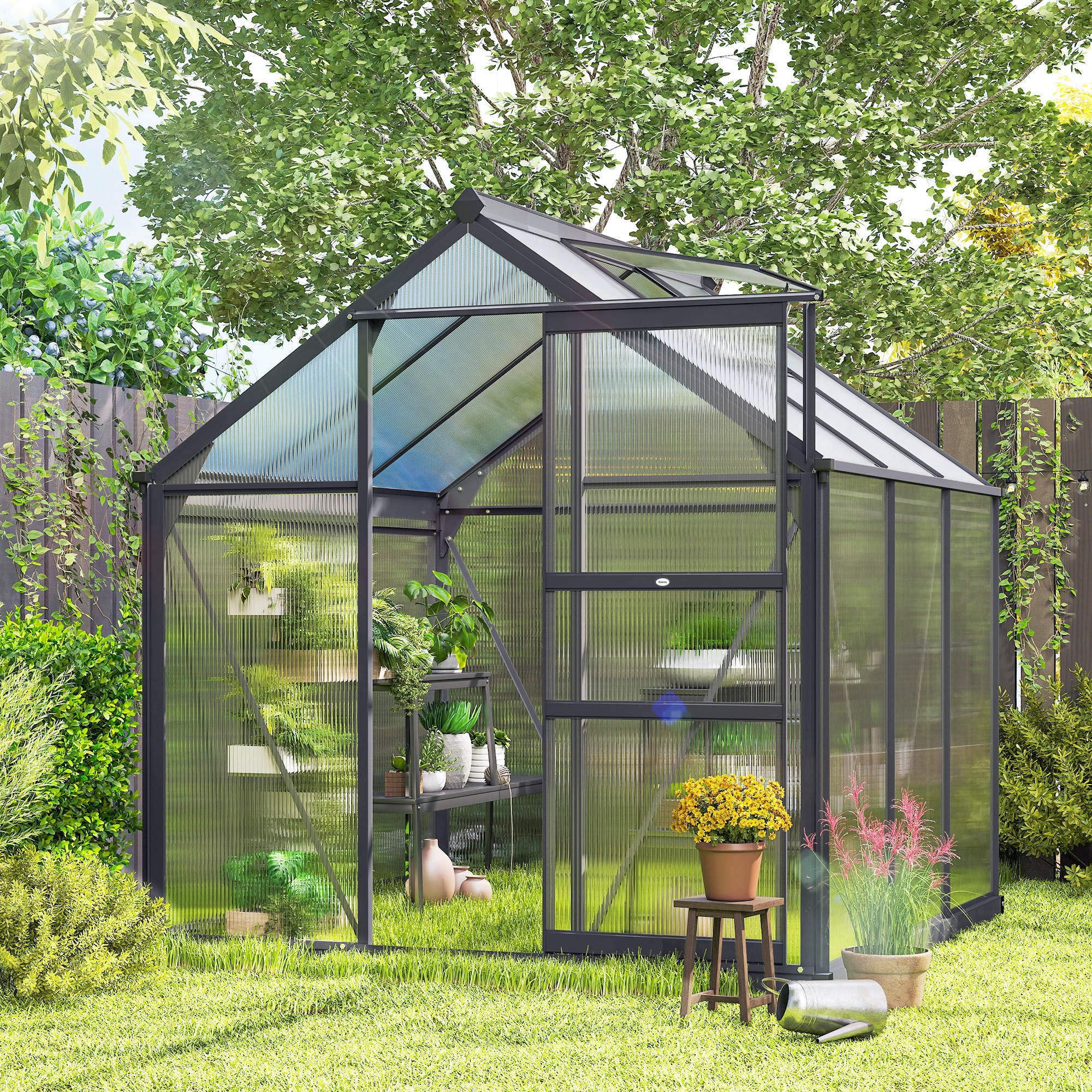 Outsunny Invernadero policarbonato 6x6 ft Puerta corredera Gris | Invernadero, Invernadero para plantas de jardín, Ventana, Marco de aluminio, Cimientos, Grande, Para exterior