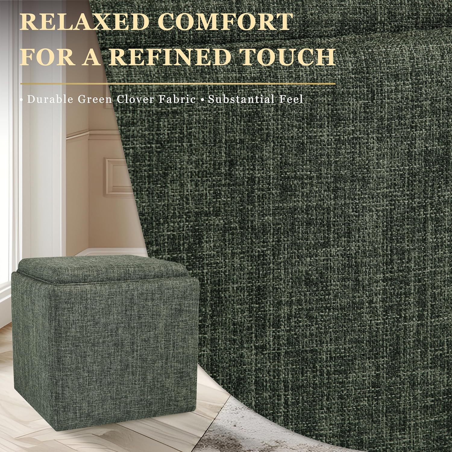 HomePop Home Decor Storage Ottoman with Tray Top|Upholstered Modern Square Storage Ottoman with Storage for Living Room & Bedroom, Green Clover Fabric