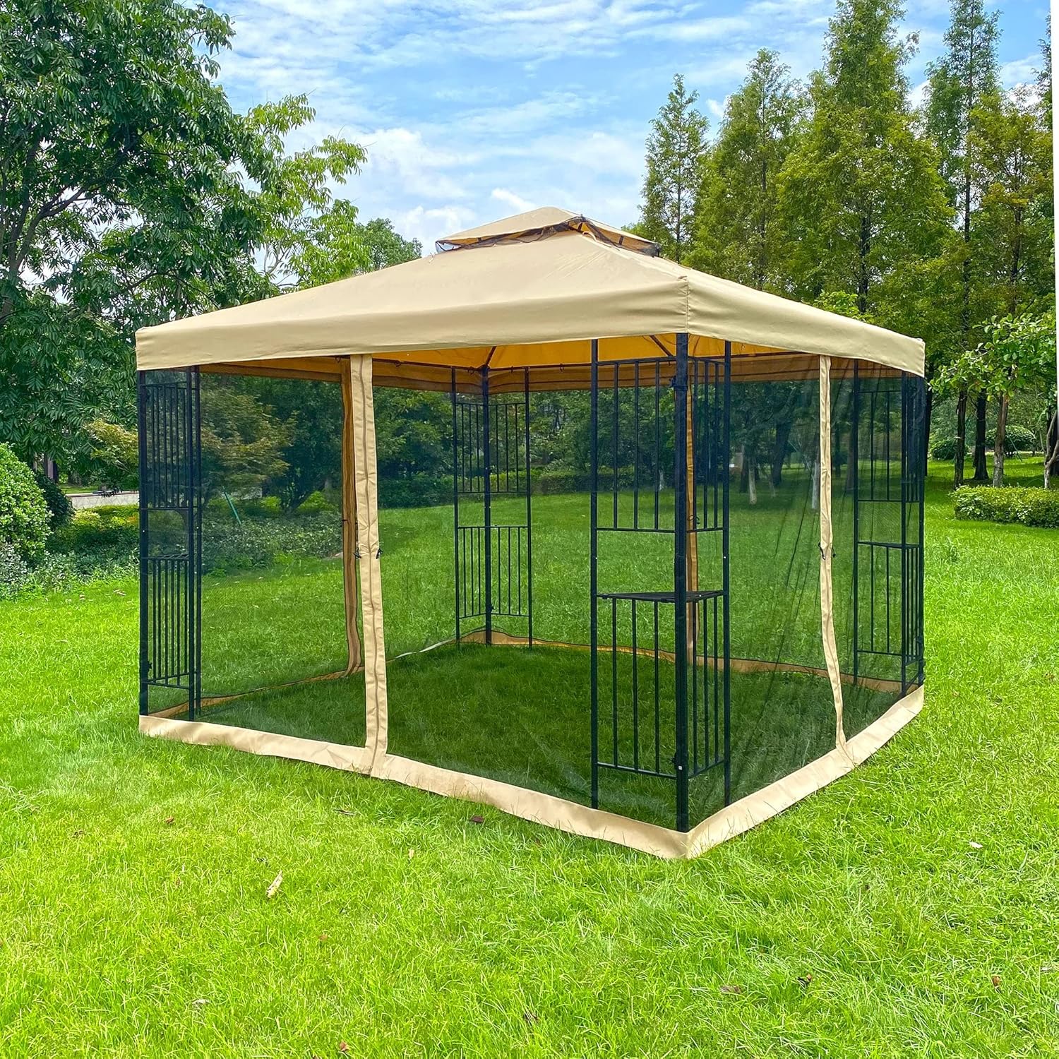 10x10Ft Outdoor Patio Gazebo Canopy Tent with Ventilated Double Roof and Mosquito Net(Detachable Mesh Screen On All Sides),Suitable for Lawn, Garden, Backyard and Deck,Beige Top