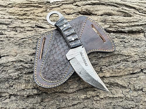 Miniatura 7 de TAC Knives - Cuchillo de supervivencia Bushcraft 12T27 de acero de Damasco de hoja fija para exteriores, mango de madera Pakka - Funda de cuero para