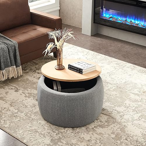 Miniatura 10 de Kakotito Moderna otomana redonda de almacenamiento con tapa de madera, mesa de centro circular hecha a mano, mesa auxiliar y reposapiés para sala de