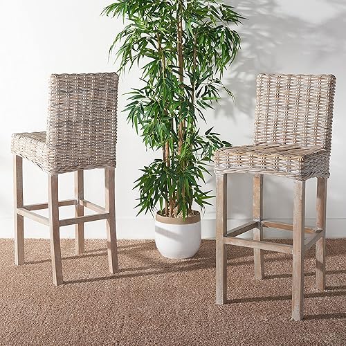 Miniatura 4 de Safavieh Home Tobie Taburete de bar de ratán gris, 30 pulgadas, 0, blanco lavadoblanco lavado