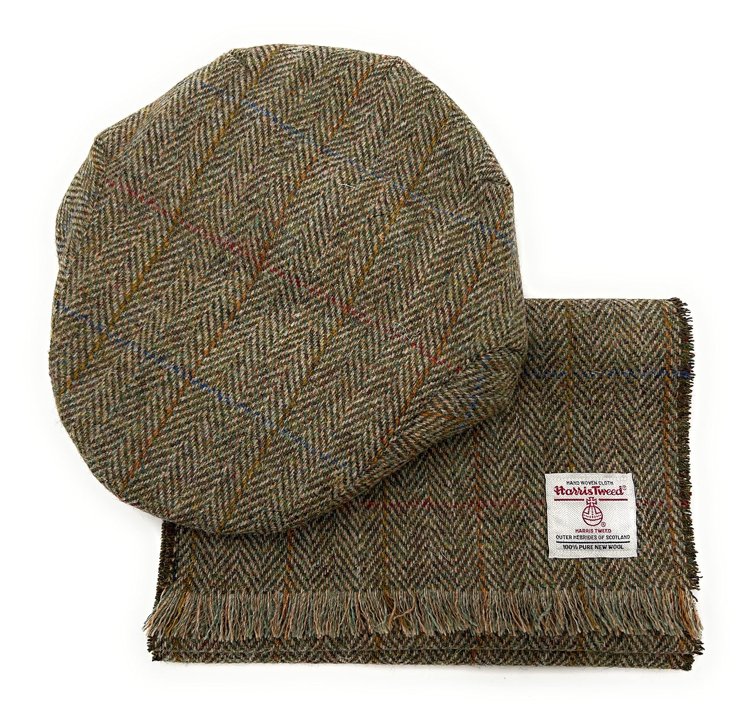Tartan Tweeds Unisex Green Herringbone Harris Tweed Hat & Fringed Scarf Set Hand Made In Scotland (Green Herringbone)
