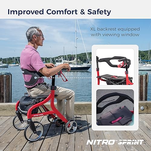 Miniatura 6 de Drive Medical Nitro Sprint - Andador plegable con asiento, ligero, para estatura alta, con cuatro ruedas grandes, plegable, color rojo