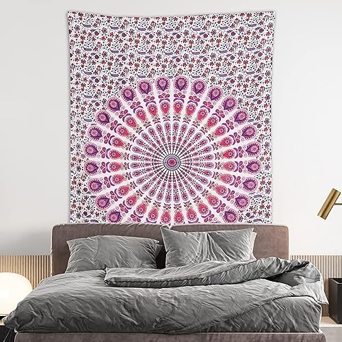 Vista 2 de Tapiz hippie indio bohemio psicodélico dorado mandala de pavo real azul dorado para colgar en la pared (rosa azul, individual (54 x 72 pulgadas)