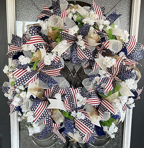 Miniatura 2 de Beautiful Patriotic Navy Blue Gold Cream 4th of July Floral Americana Style Front Door Deco Mesh Wreath, Memorial Day Everyday Decor, Home Porch