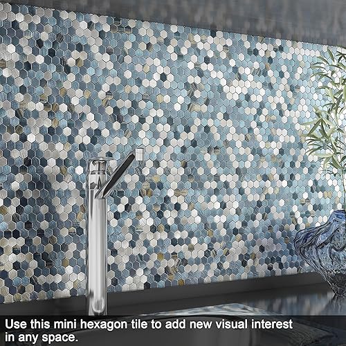 Miniatura 4 de BeNice Azulejos de mosaico de cocina para despegar y pegar, calcomanías de metal pequeñas hexagonales (10 unidades, rayas azules)