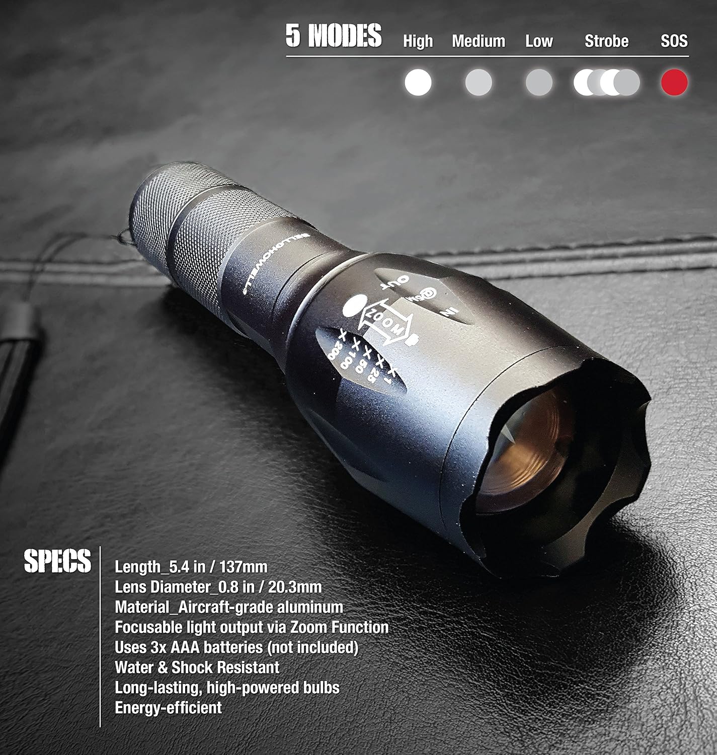 Bell+Howell TacLight Bright led Flashlight Tactical Flashlights Zoom Function 5 Modes 100,000 Hour Bulb Water Resistant Durable Mini Flashlight 5.4” x 1.6” Battery Powered 3X AAA