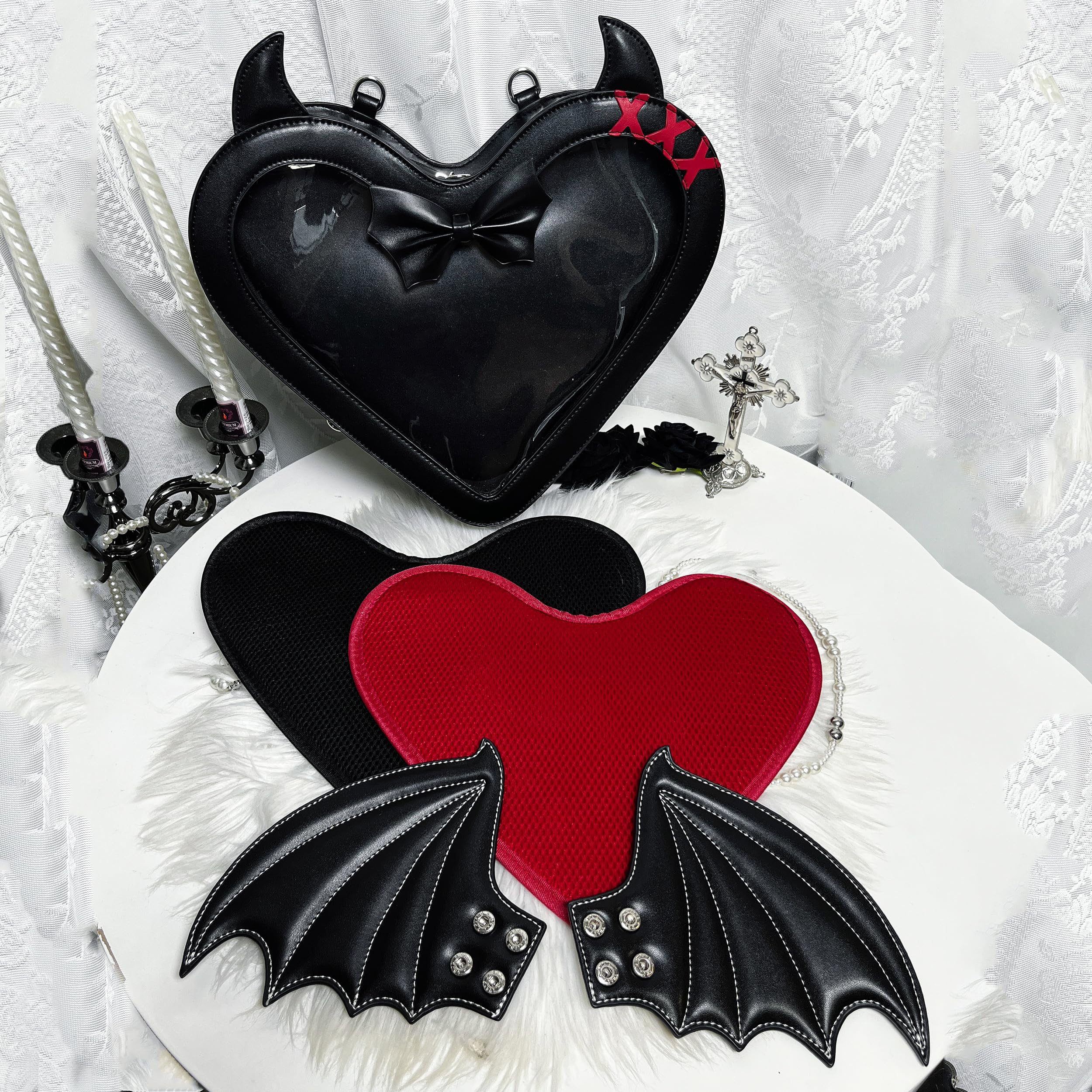 Gothic Dämonen-Herzförmiger Fledermausflügel-Rucksack für Frauen mit klarem Fensterdisplay, 3-Wege-Konvertible Neuheits-Schultertasche, Kawaii Goth-Accessoire