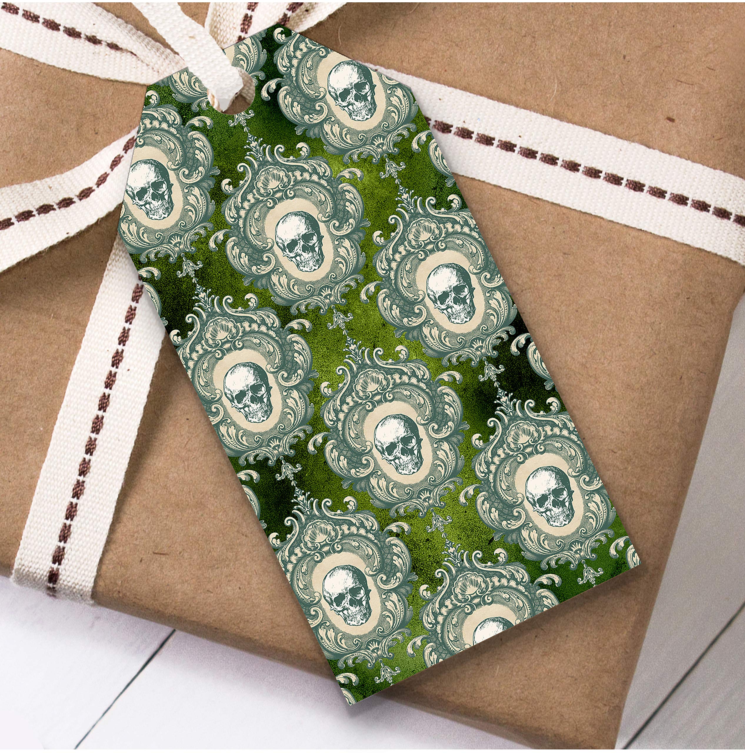 Gothic Skulls Green Christmas Gift Tags (Present Favor Labels)