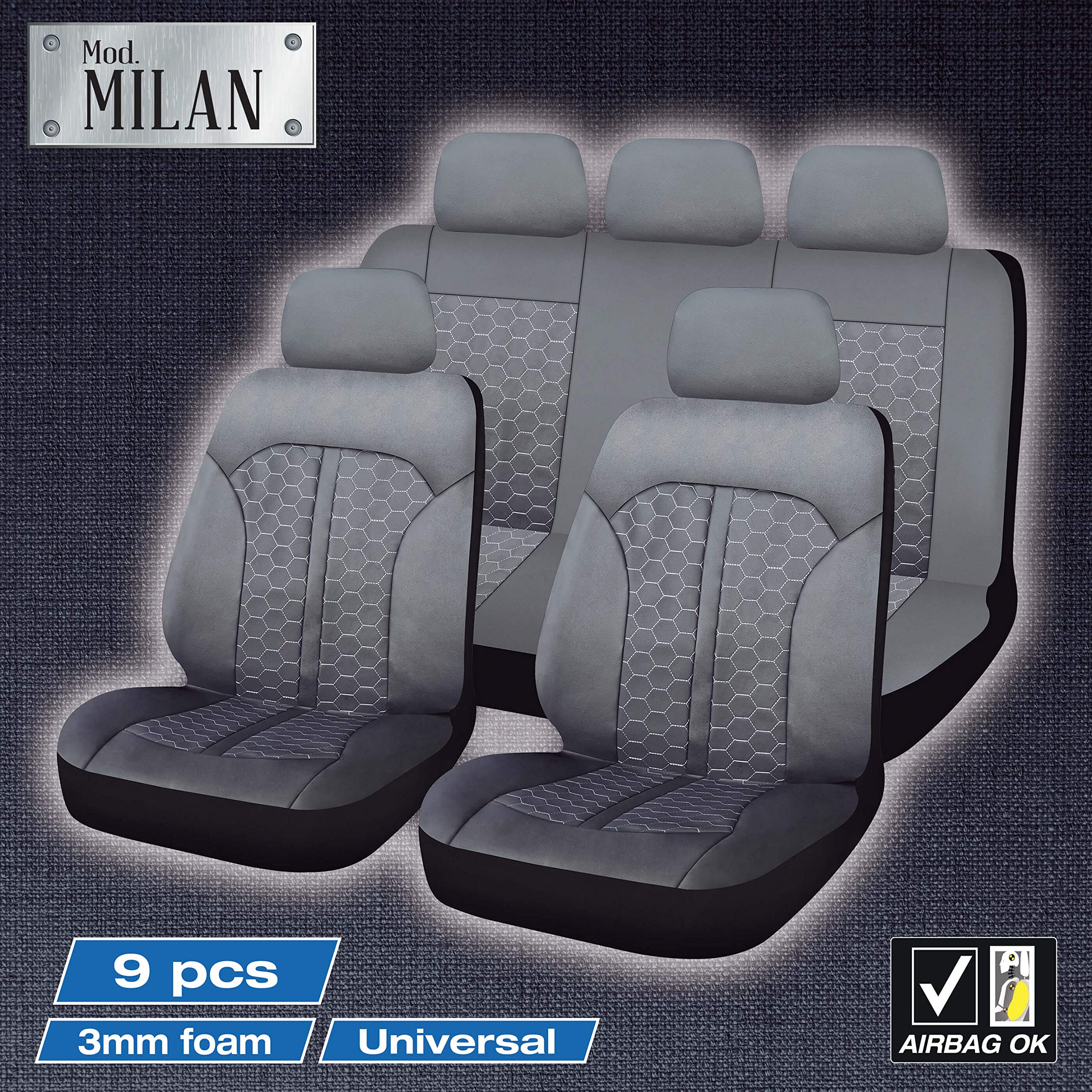CAR+ SCM009G pokrowce na siedzenia, Milan, 9 sztuk, czarne