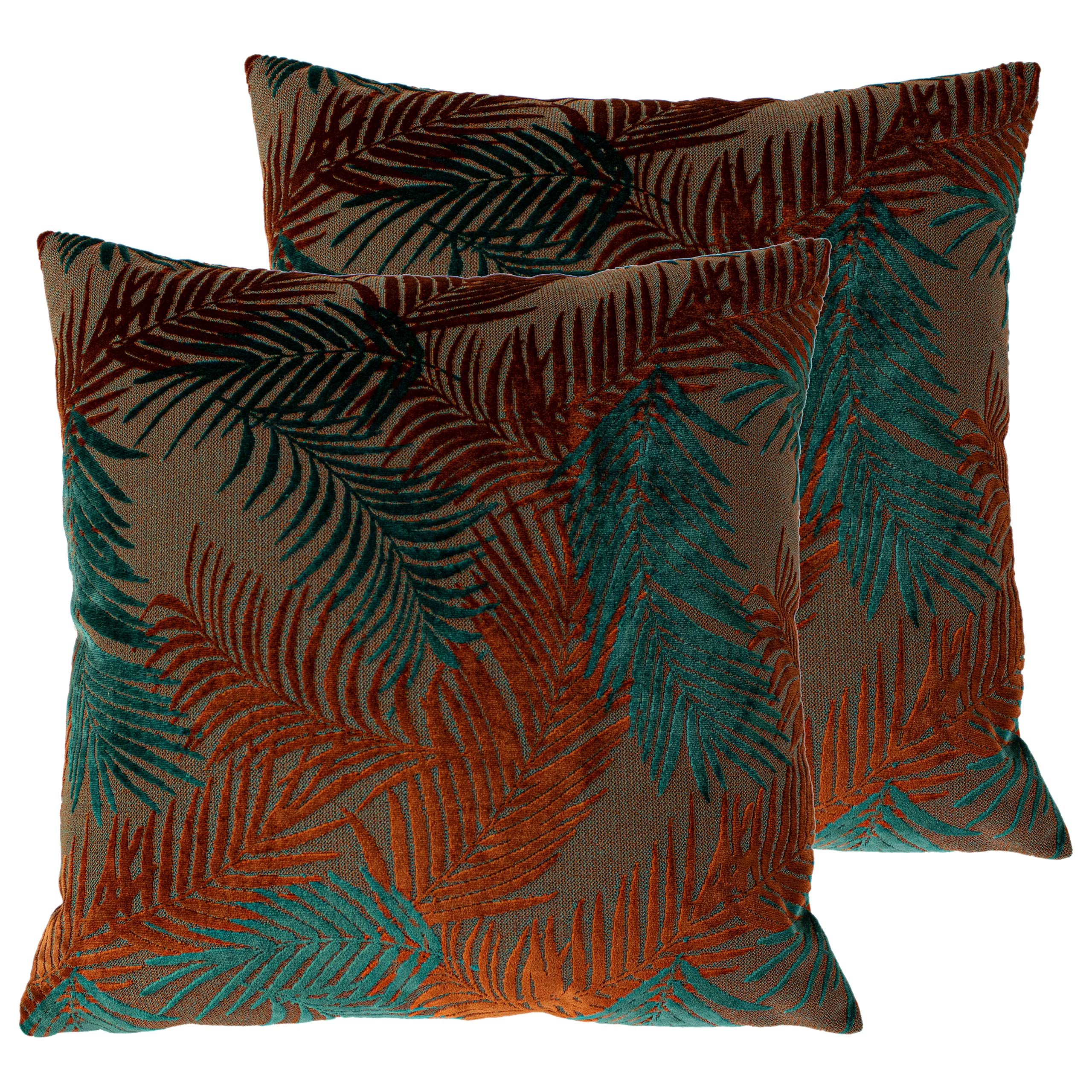 Paoletti Palm Grove Feather Filled Cushions (Twin Pack), Polyester, Teal/Navy