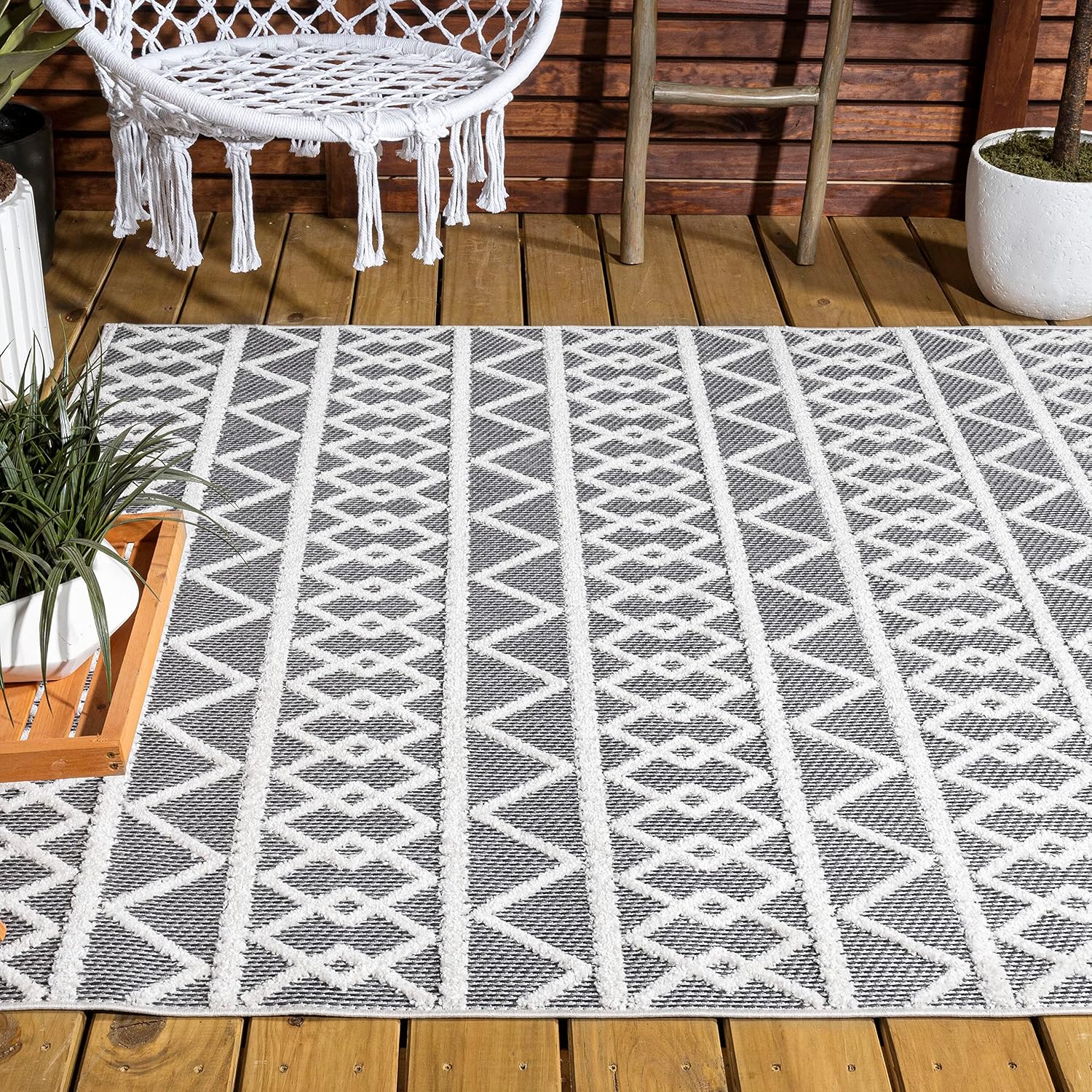 Eyely HBS104A-4 South Beach Aylan High-Low Pile Knotted Trellis Geometric Indoor/Outdoor Area Rug Bohemian;Casual, Bedroom, Backyard, Patio, Easy-Cleaning, Non-Shedding, 4 X 6, Black/Ivory