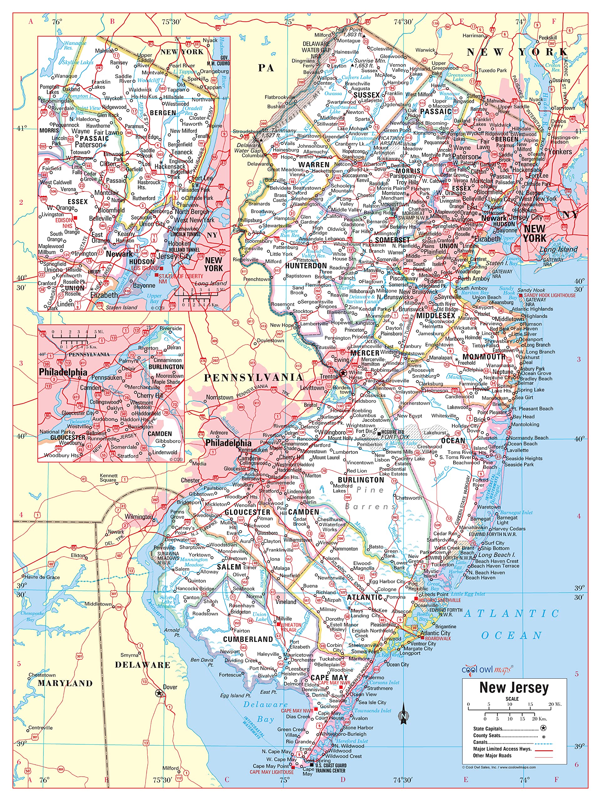 Cool Owl Maps New Jersey Wall Map Large Print Poster - Paper