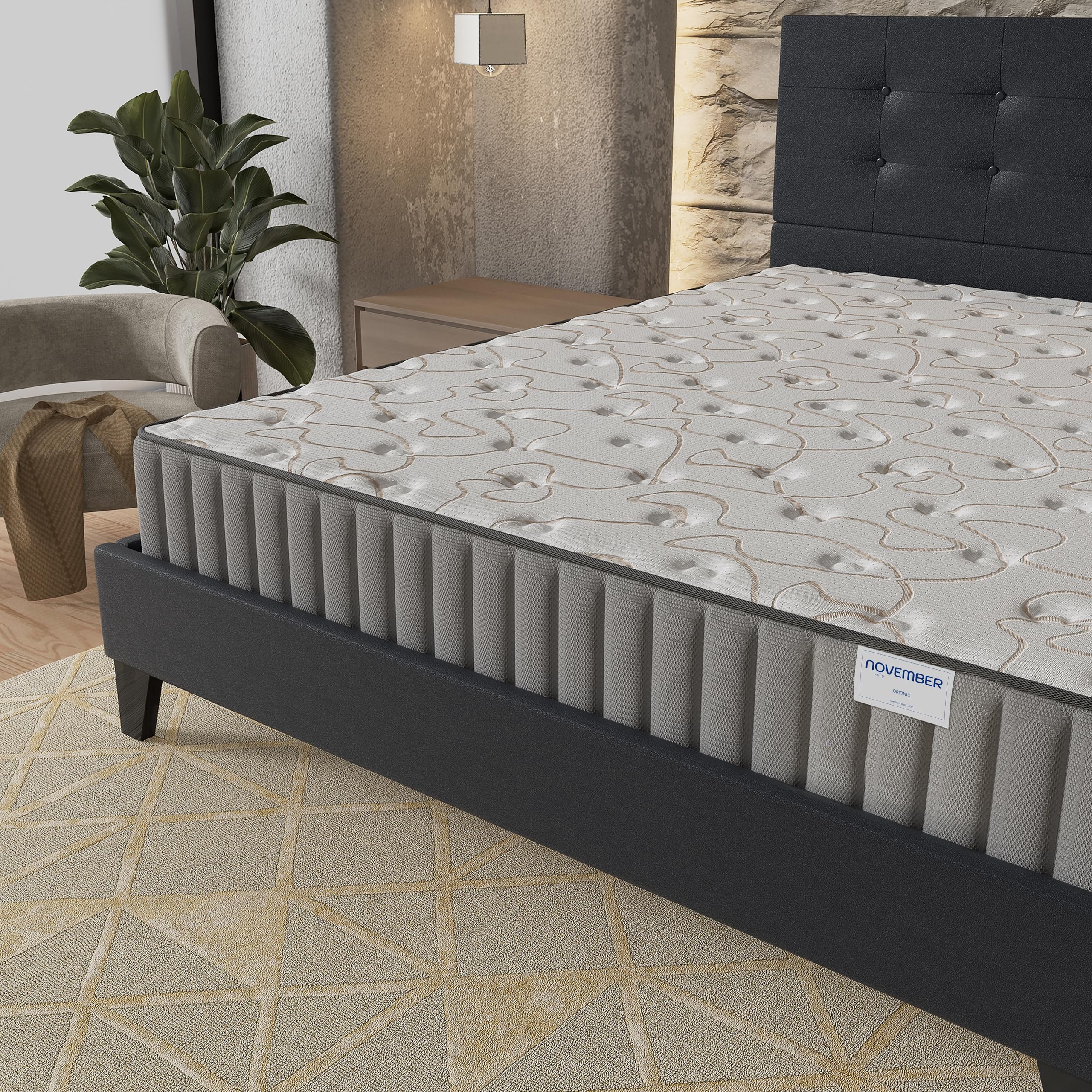 NOVEMBER- Ensemble Matelas + Sommier & tête de lit capitonnée (140 x 190cm)- Matelas Orionis Mousse Mémoire de Forme d’épaisseur 16cm + Lit Stable & Robuste, revêtement synthétique Noir