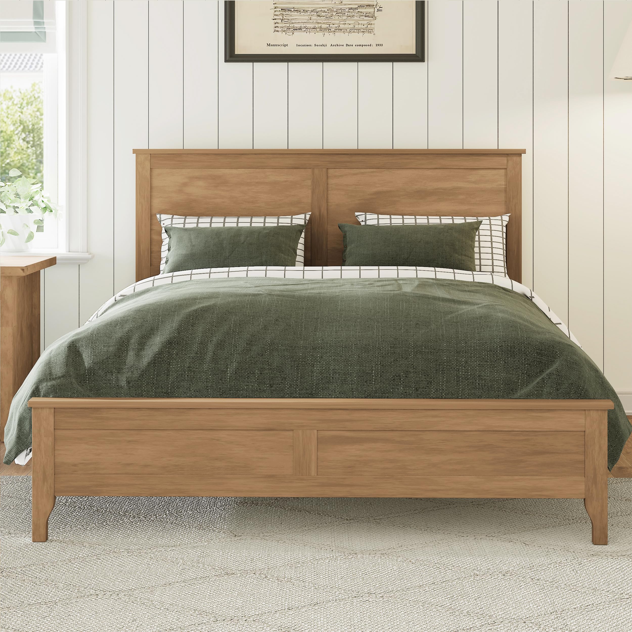 Harper &amp; Bright Designs Full Size Modern Platform Bed Frame with Headboard, Farmhouse Solid Wood Platform Bed Frame, Sturdy Wooden Foundation with Wood Slats for Living Room, Seadrift