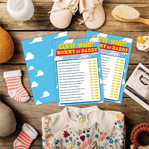 Miniatura 4 de 30 Baby Shower Adivina quién Juego de mamá o papá, tema de cielo y nubes, 5 x 7 pulgadas, tarjetas de juego rellenas de doble cara para niños o