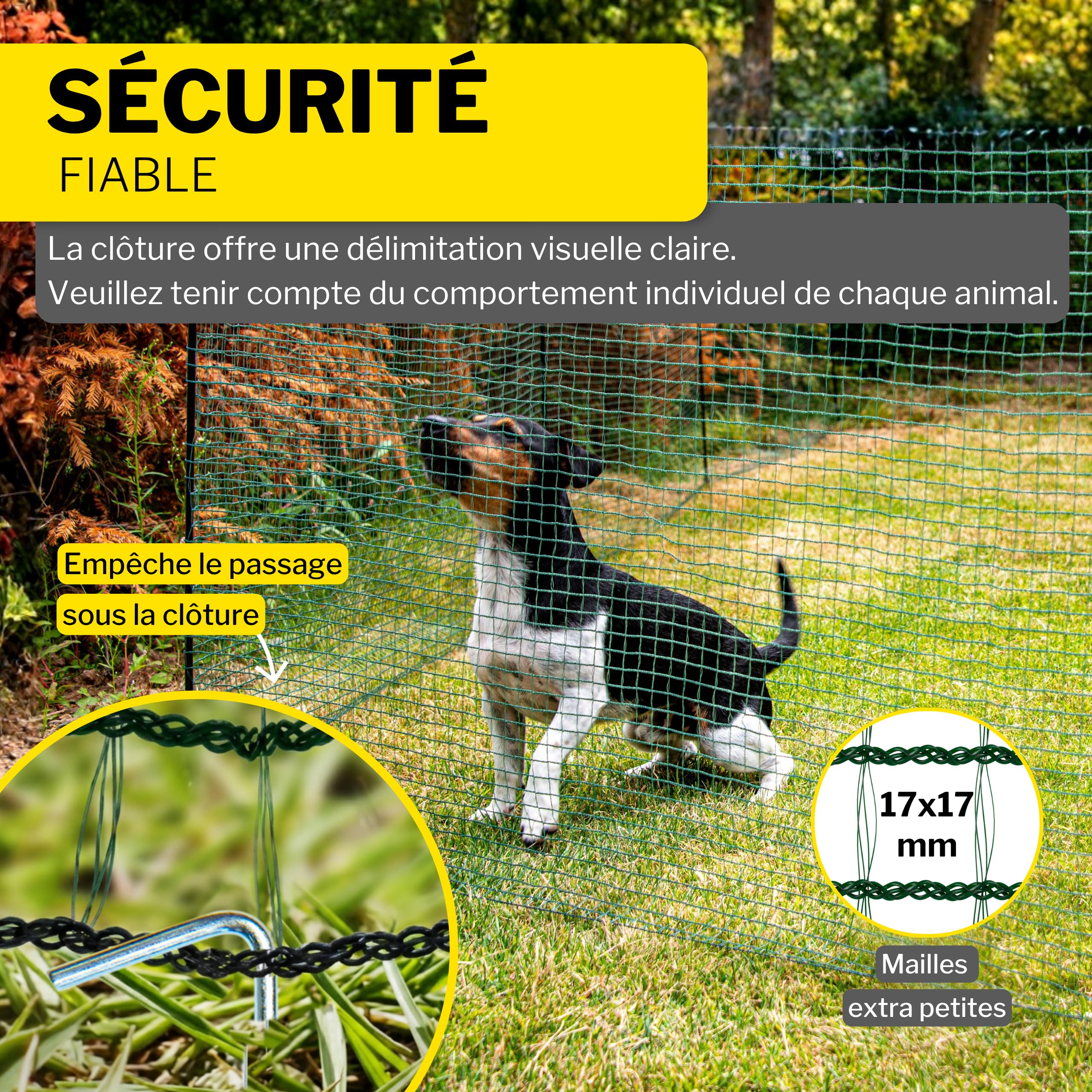 horizont Clôture pour Chien - 50 m x 90 cm - 30 piquets à Double Pointe - Maille étroite - Clôture de délimitation Fix - Clôture de Jardin à Clipser - Clôture Mobile pour Chiens et Camping | Clôture de délimitation FIX, clôture de jardin à emboîter, clôtu