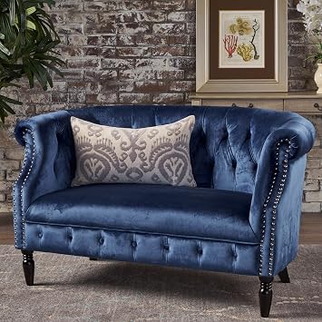 Christopher Knight Home Milani Tufted Scroll Arm Velvet Loveseat, Navy Blue / Dark Brown