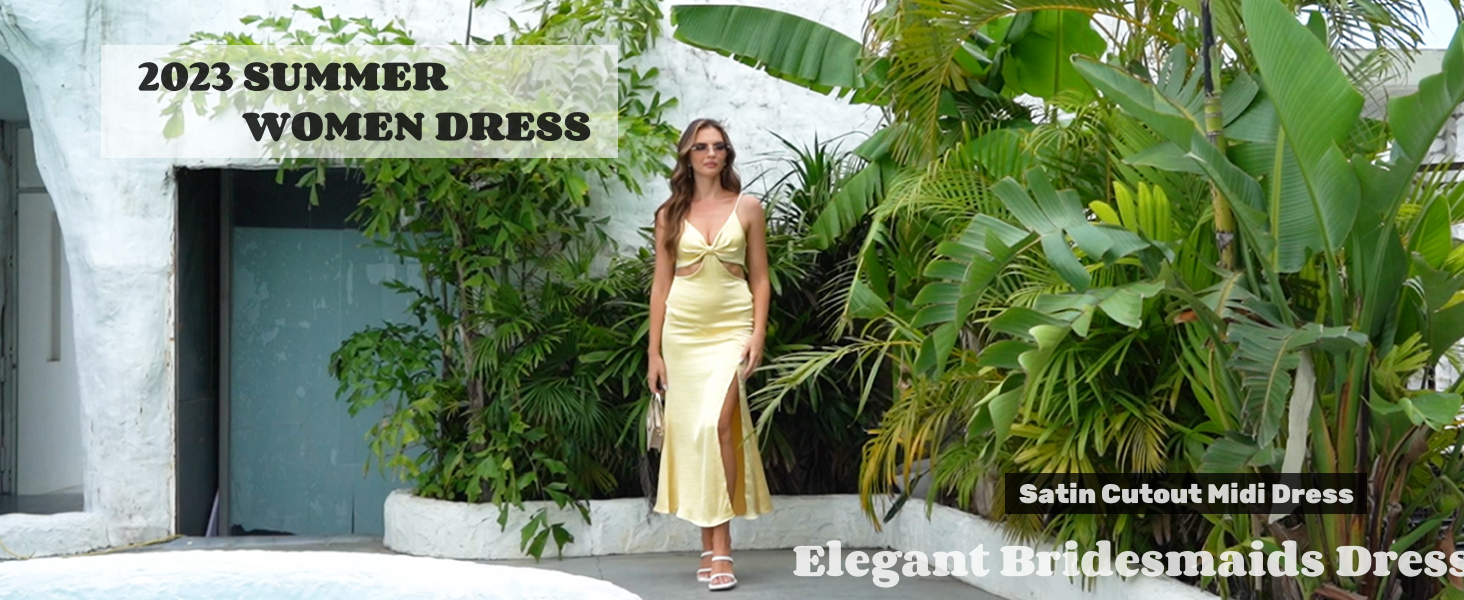 Amazon.com: 2025 Satin Cut Out Maxi Summer Dresses for Women Silk Spaghetti  Strap V-Neck Backless Tie Back Wedding Guest Midi Dress Deep Green:  Clothing, Shoes & Jewelry