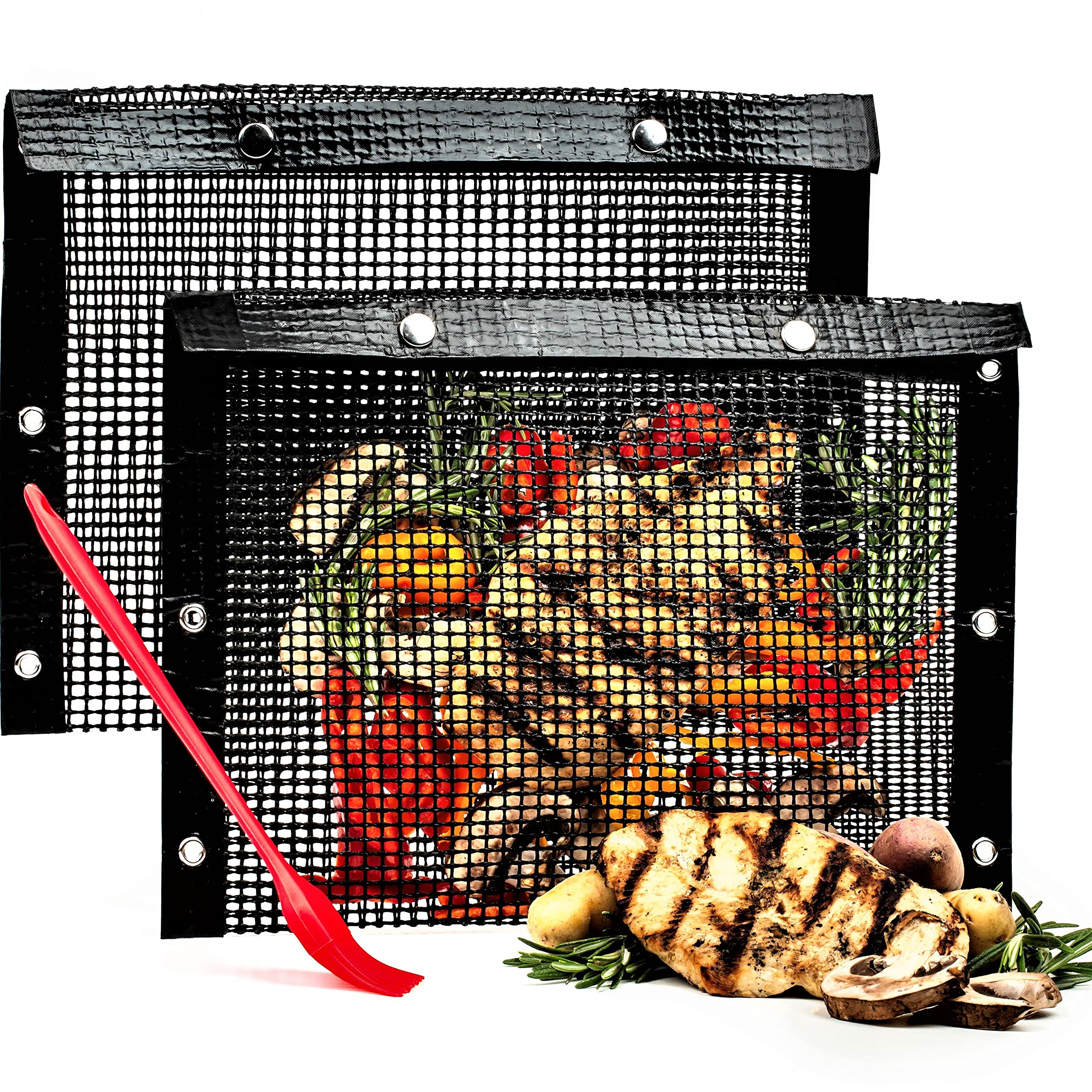 Oleex Non-Stick Large BBQ Grilling Bags + Basting Brush - Reusable PTFE Mesh Indoor Outdoor Charcoal Barbecue Grill Bag Accessories, Heat-Resistant Up to 500 F, Easy to Clean, Dishwasher-Safe