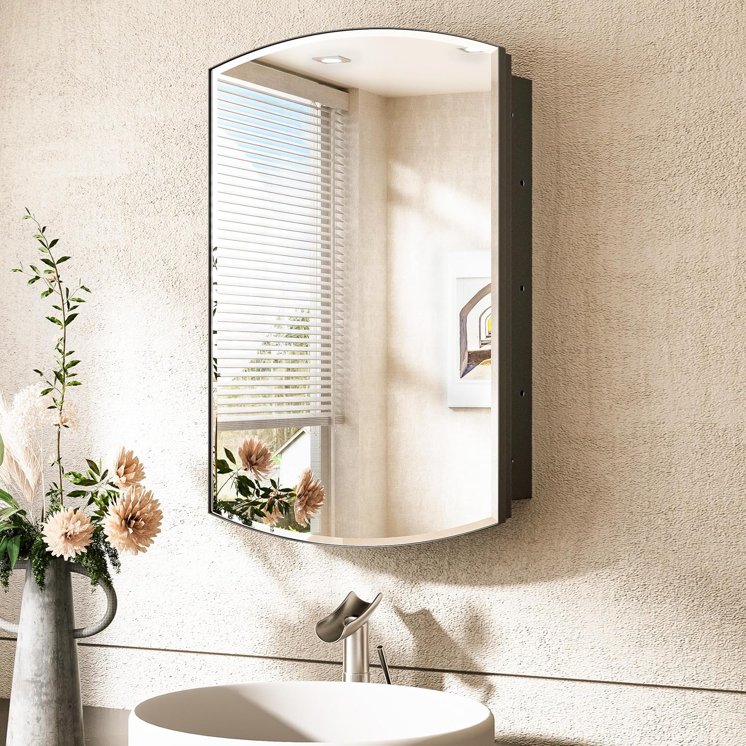 TokeShimi 16x26 Oval Medicine Cabinet with Mirror with Storage Black, Surface Mount or Recessed Medicine Cabinet Arched with Beveled Mirror Metal for Bathroom 16x26 IN Black