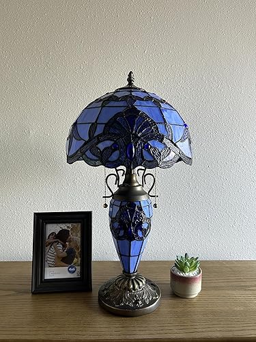 Miniatura 8 de Tiffany - Lámpara de mesa con pantalla de vitrales azules y base, estilo barroco, bombillas LED color lavanda, incluidas para sala de estar,