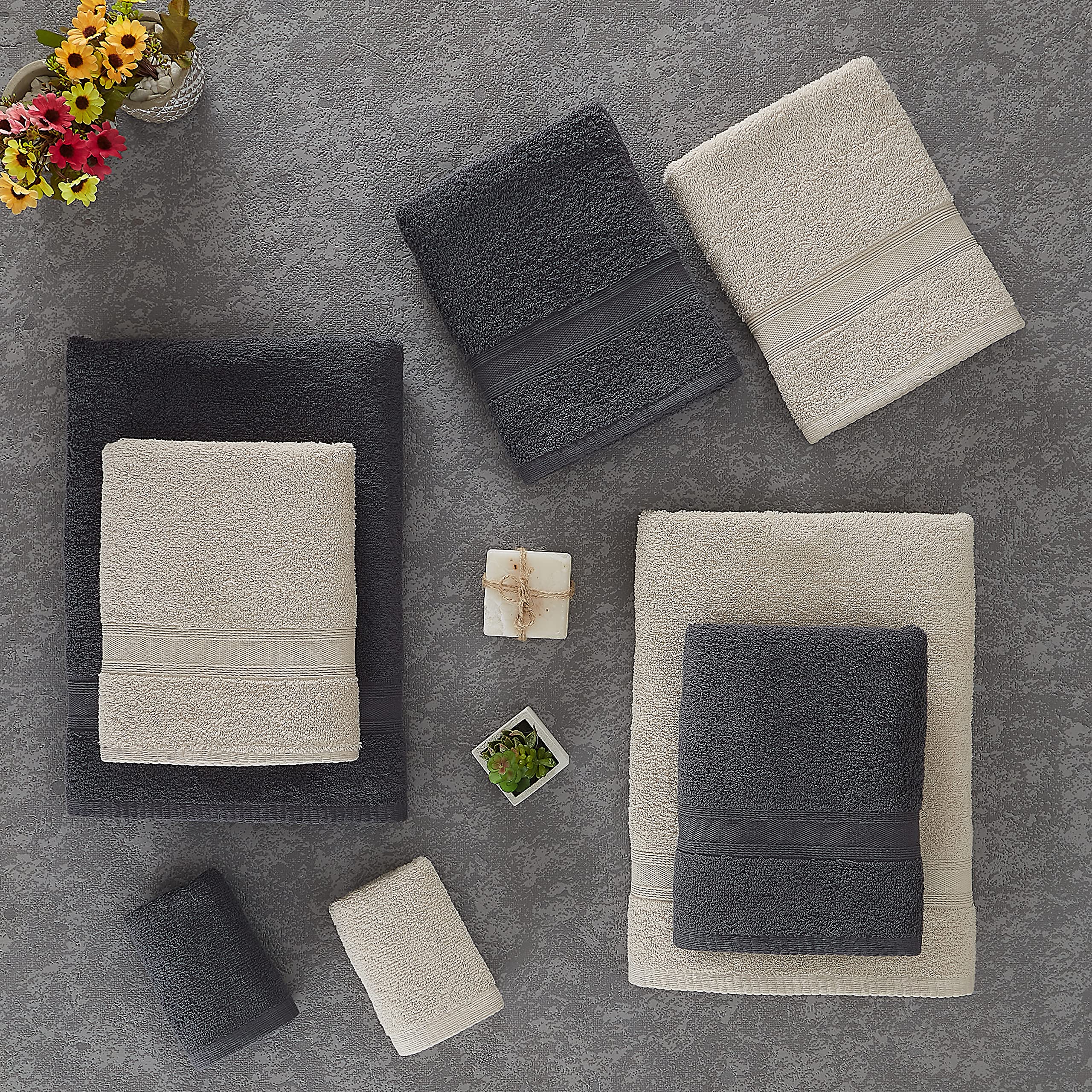 Tuiste Set Asciugamani Bagno Grigio Scuro - Beige, Hotel, Cotone, 2 Telo Doccia 70x140cm + 4 Asciugamani 50x90cm + 2 Asciugamani Ospiti 30x50cm, Asciugamani Bagno Viso e Bidet, Morbidi, Assorbenti