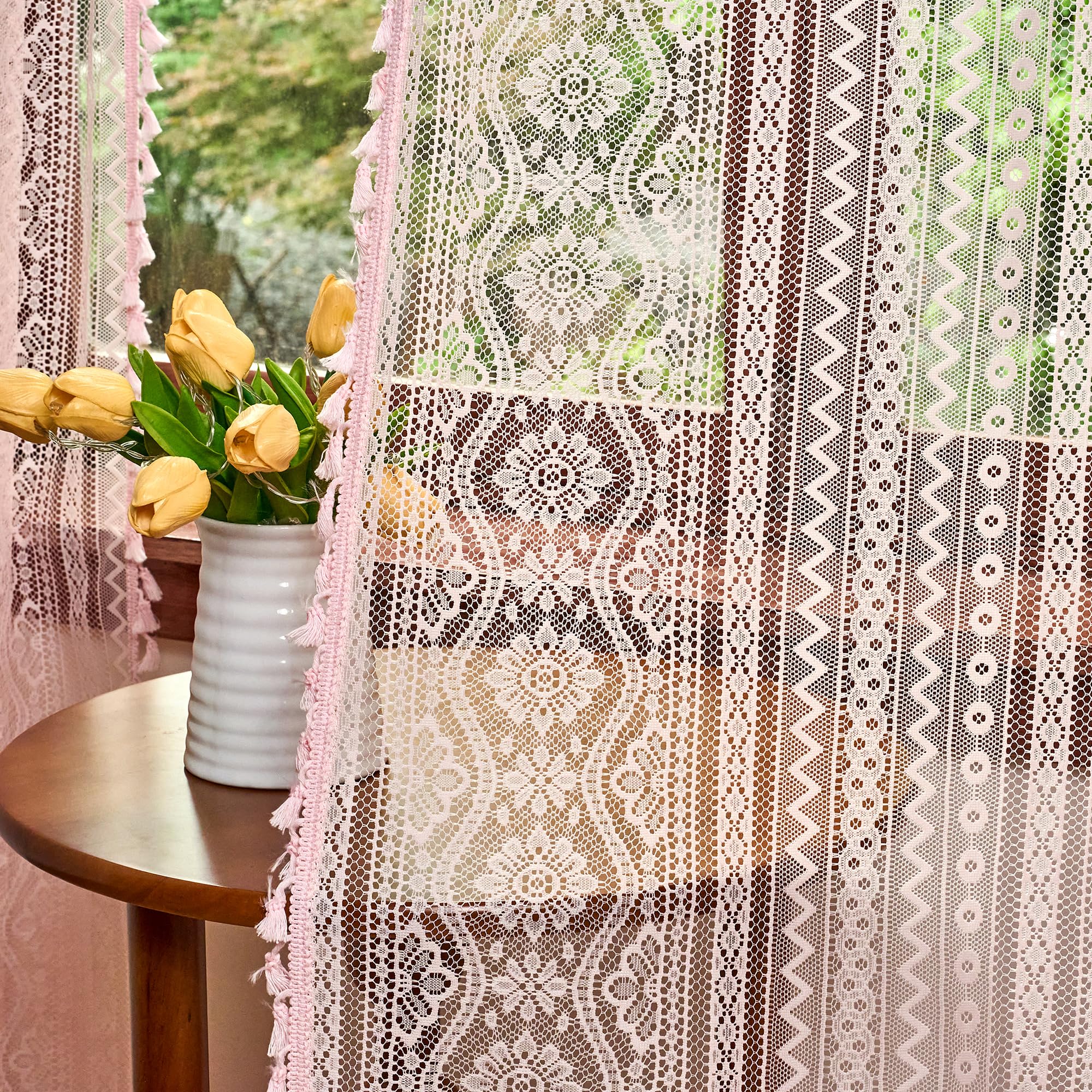 MYSKY HOME Pink Sheer Lace Curtains 2 Panels 84 inch Length for Girls Room Nursery Boho Vintage Floral Crochet Pattern Privacy Rod Pocket Tassels Small Windows Curtains, Wide 55 inch, 2 PCs