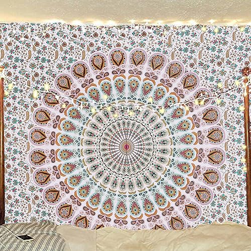 Bless International Tapiz hippie indio bohemio psicodélico dorado mandala de pavo real azul dorado para colgar en la pared (dorado floral, mediano