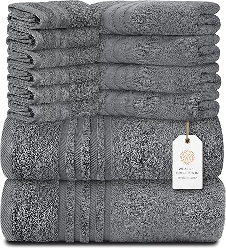 White Classic Juego de 12 toallas Tower de baño y mano, 100% algodón, suave y afelpado, altamente absorbente, secado rápido, decoración de baño,