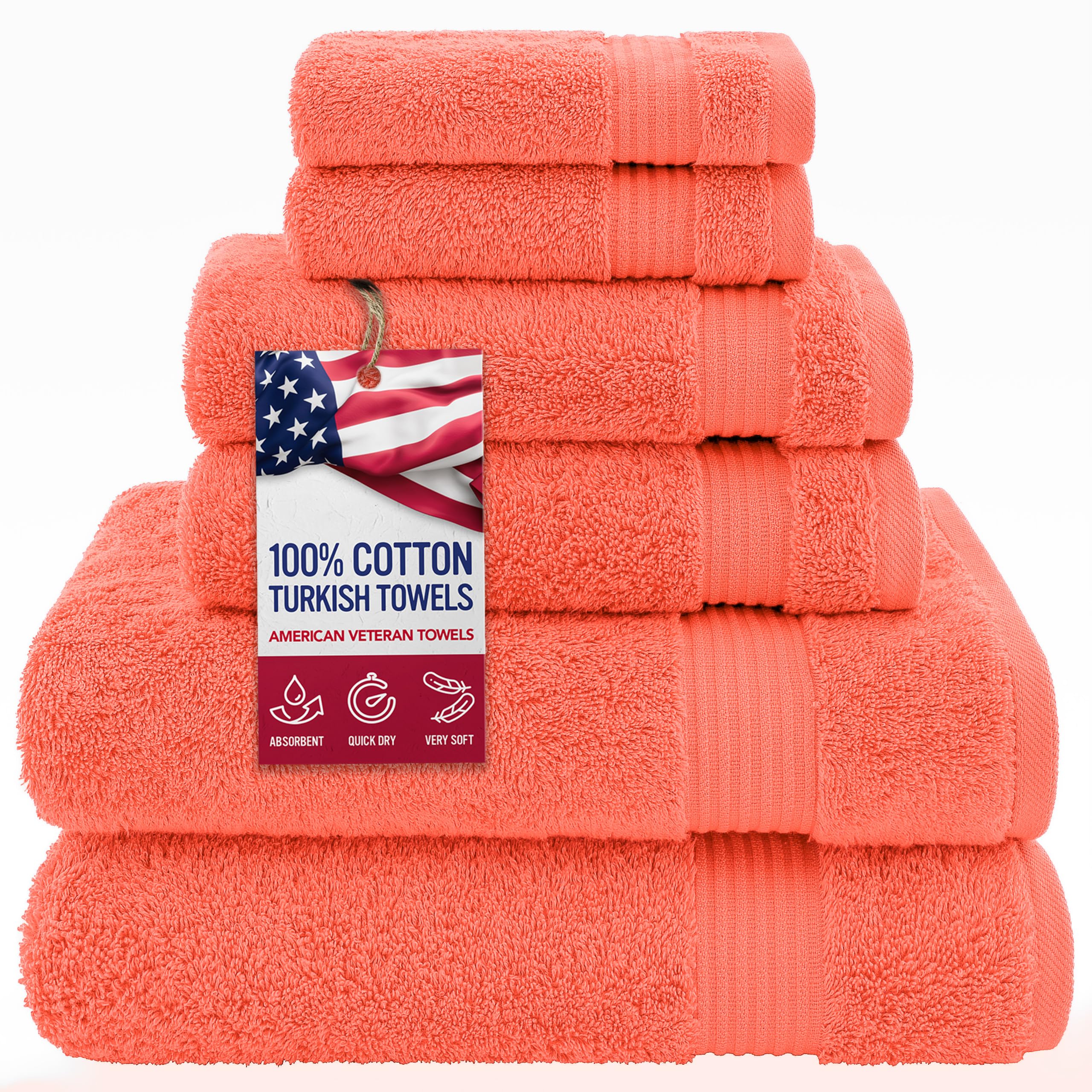 American Veteran Towel, 100% Cotton Turkish 6 Piece Towel Set, Luxury Towels Set of 6 for Bathroom Essentials, 2 Bath Towels 2 Hand Towels 2 Washcloths, Coral