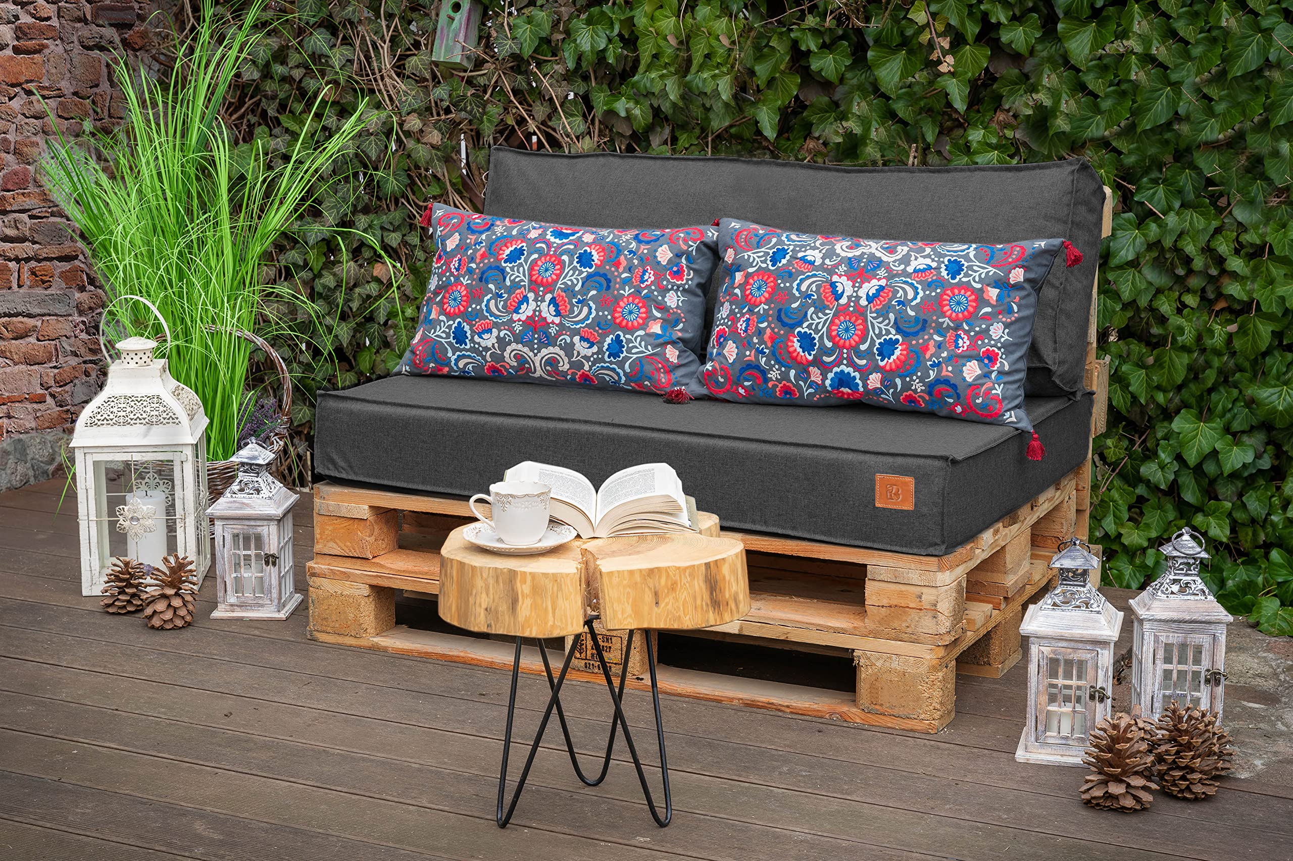 Coussin Palette 120x80 Set pour Palette, Impermeable Coussin pour Salon de Jardin UE, Complet pour Meuble Palette, 2 Pièces: L'assise 120x80cm + Coussin 120x40cm, Gris foncé