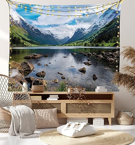 Miniatura 8 de Ambesonne Tapiz de naturaleza tamaño King, montañas, río y cielo abierto, bellezas naturales de Noruega, Fiordos de Noruega, paisaje nórdico, colcha