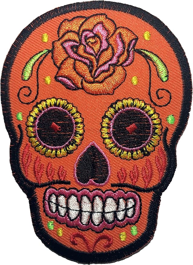 Mexican Sugar Skull Tattoo Dead Head Biker DIY Embroidered Applique Sew on Iron on Patch - Orange (IRON-MEXI-01-OR)