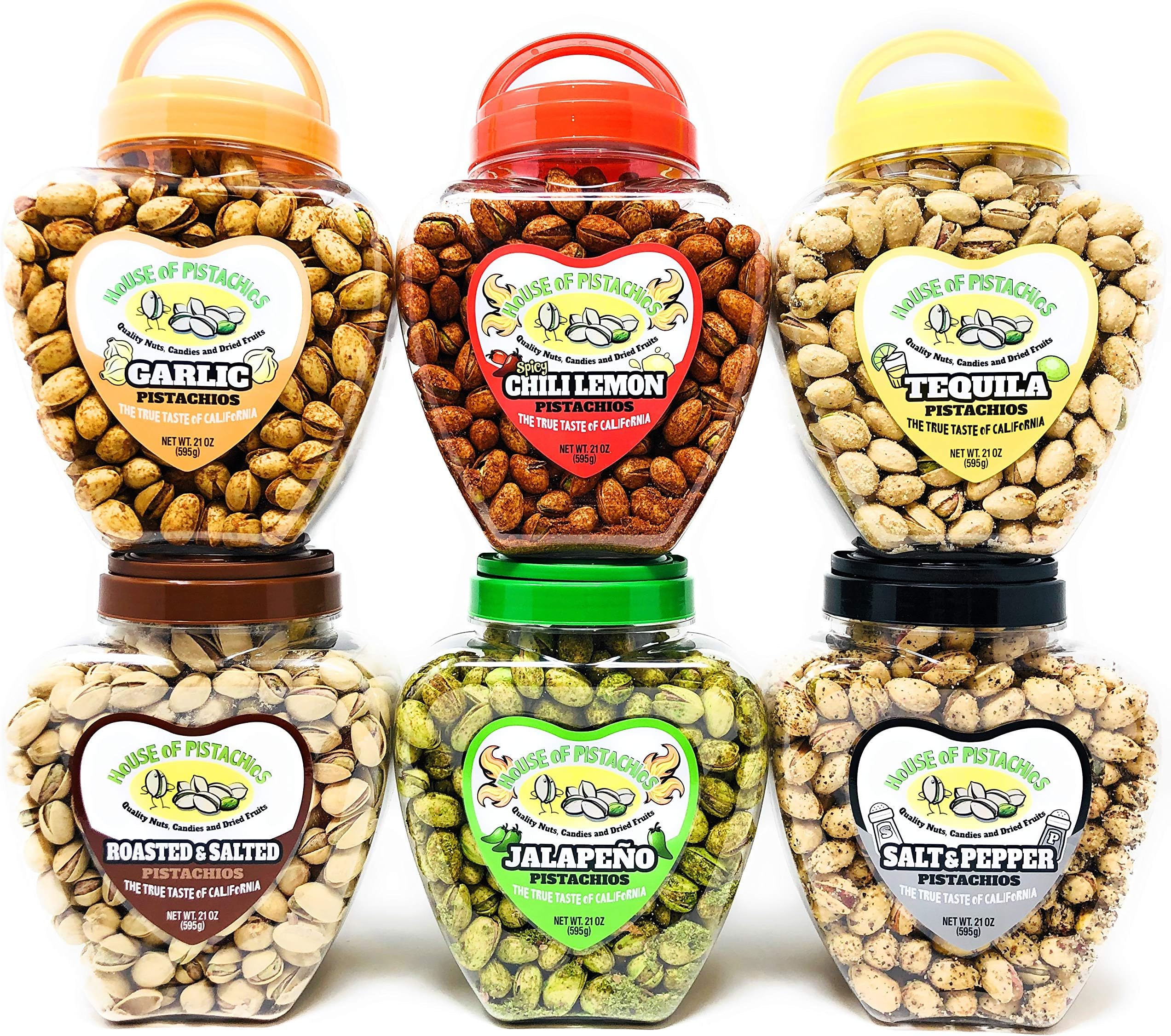 - Flavored Pistachio Jars - Six Flavors - Salted, Jalapeno, Tequila, Garlic, Salt & Pepper, Chili Lemon - Family Recipe - California Grown