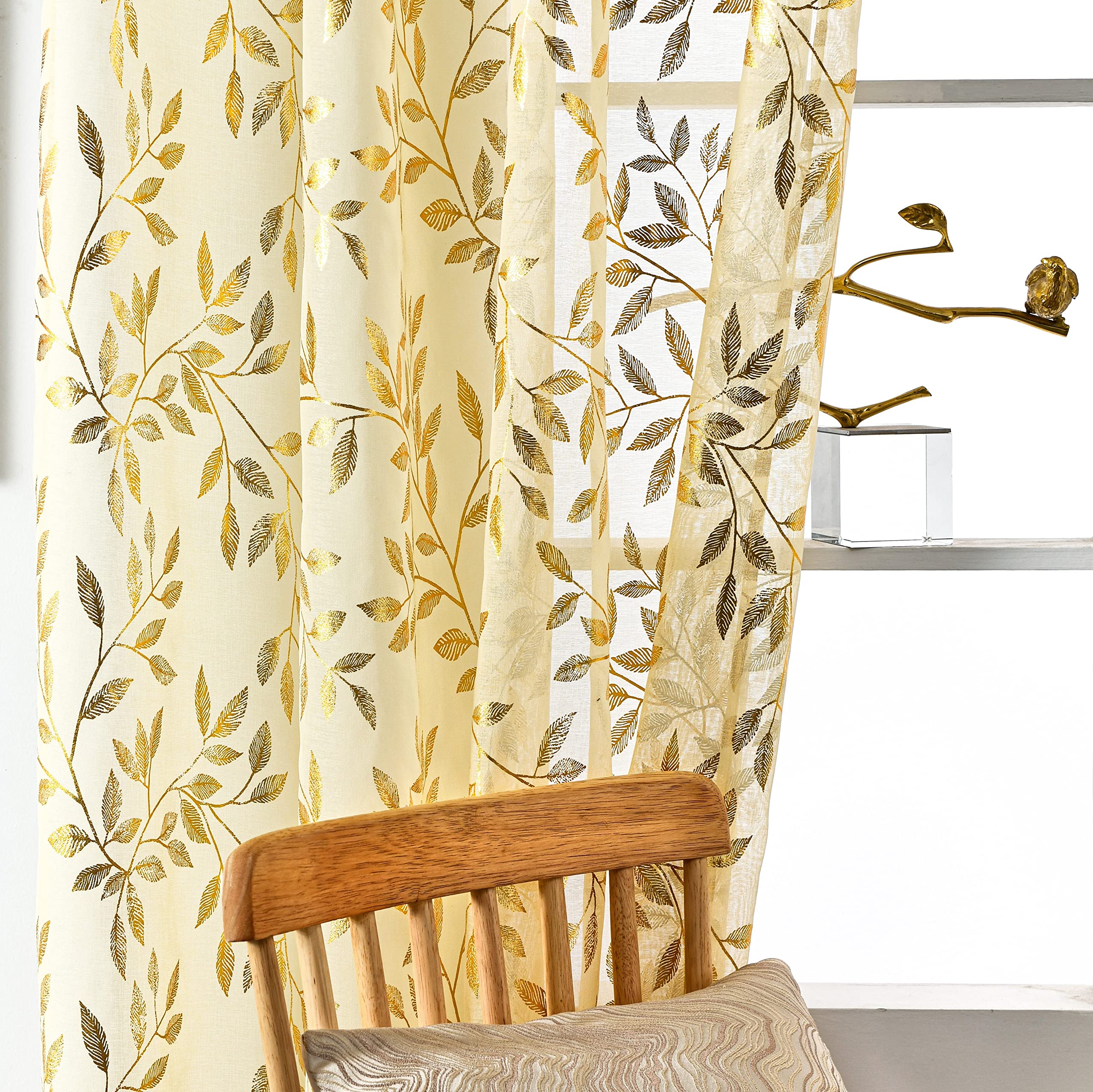 Sutuo Home Transparente Vorhänge, 213,3 cm lang, 2 Paneele, Goldfolien-Druck, metallische Bronzeblätter, Sichtfenster, Dekoration, Vorhangpaar für Weihnachten, Schlafzimmer, Küche, Wohnzimmer, 132,1