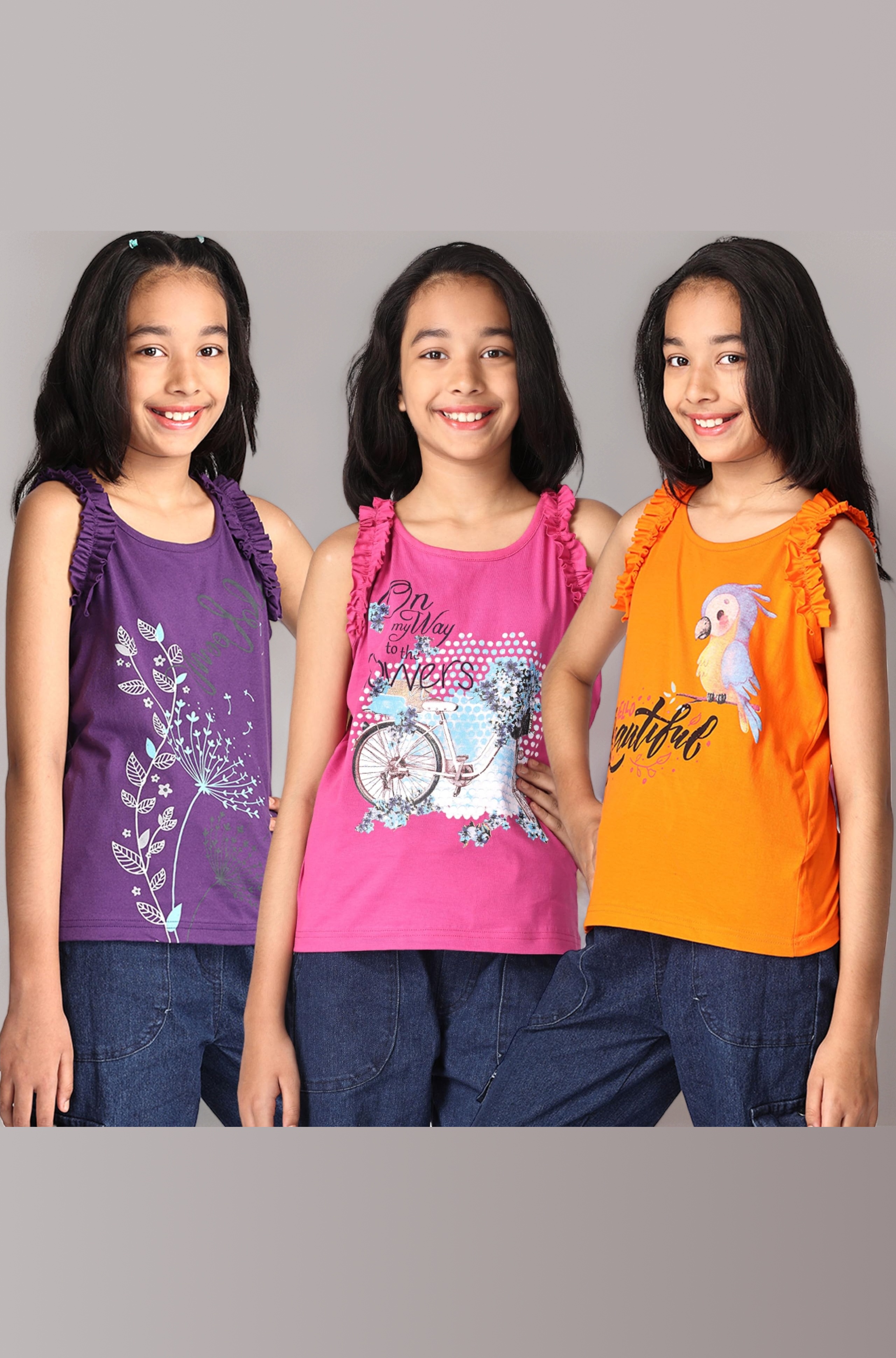 Cotton Girls Tops T Shirt Unicorn &Typography Printed Sleeveless Tshirt Tees (Size Option 1 to 15 Years Kids)