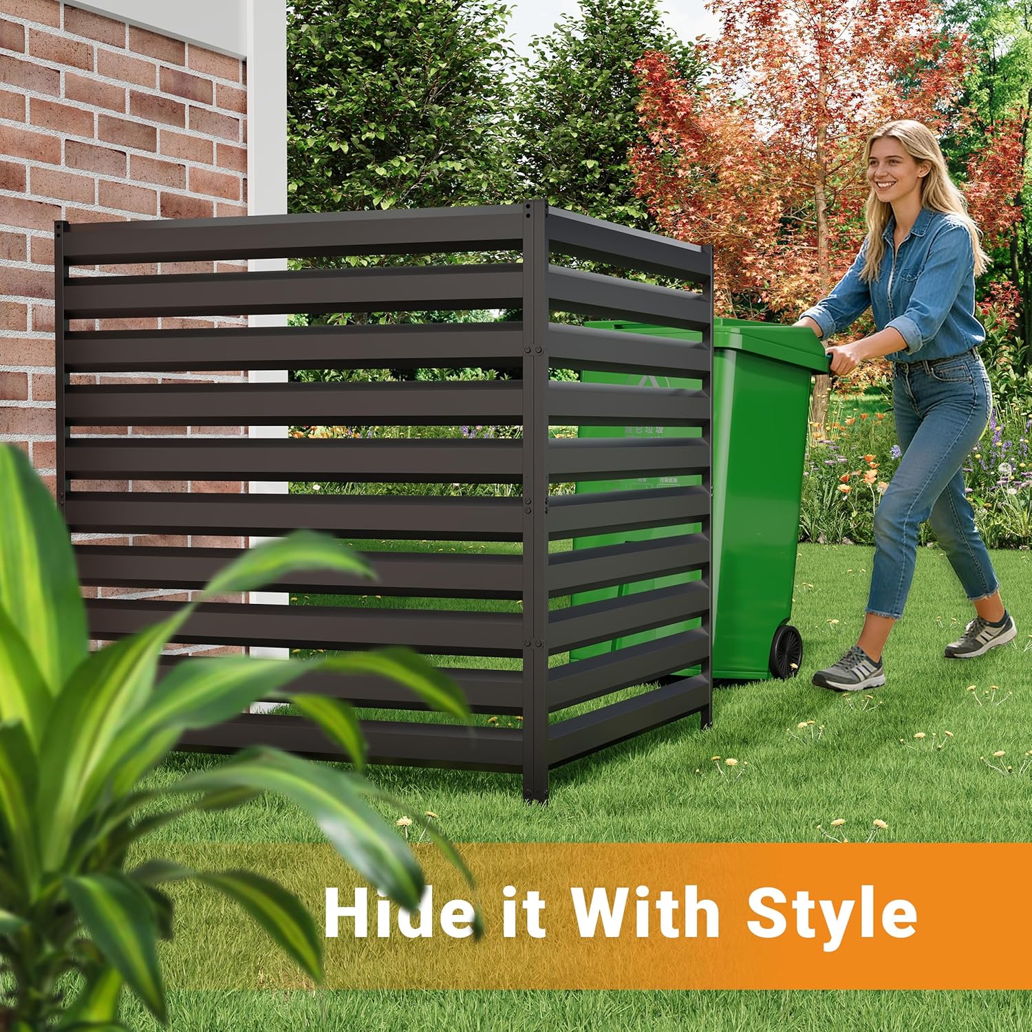 CJF Outdoor Privacy Screens, 42" H x 38" W Metal Air Conditioner Fence Panels, Pool Equipment Enclosure, Trash Can Screens Fence Kit for Outside Backyard Patio(Black/3-Panel)