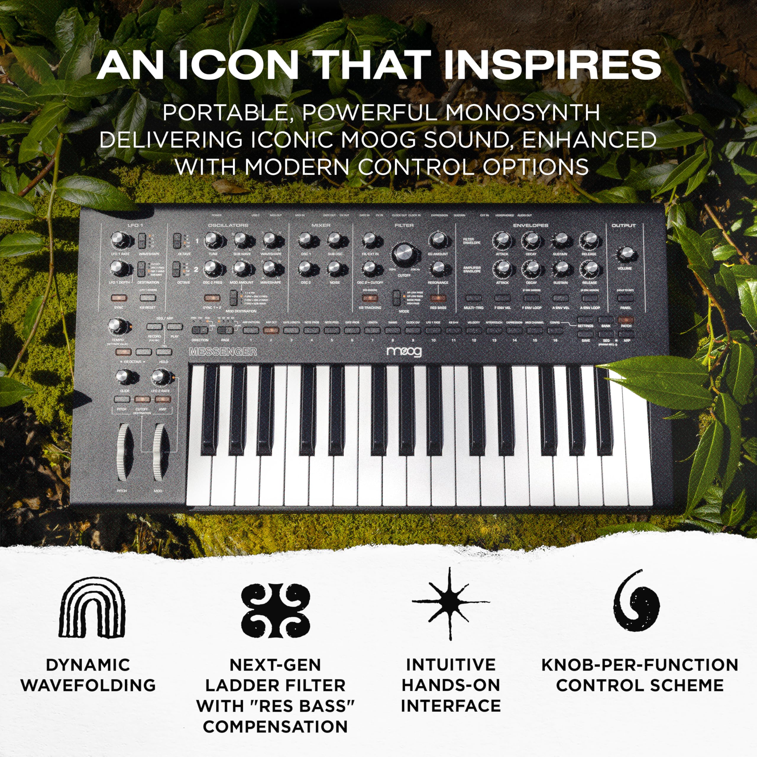 MOOG Messenger - Next-Gen Monophonic Analog Keyboard Synthesizer with 32 Keys, 64-Step Sequencer, 256 Presets and RES BASS Compensation