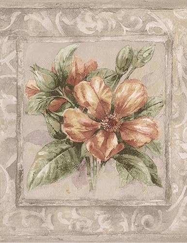 Norwall Ramos de flores enmarcadas, color rojo, amarillo y morado, borde de papel tapiz beige, rollo de 15 x 9 pulgadas