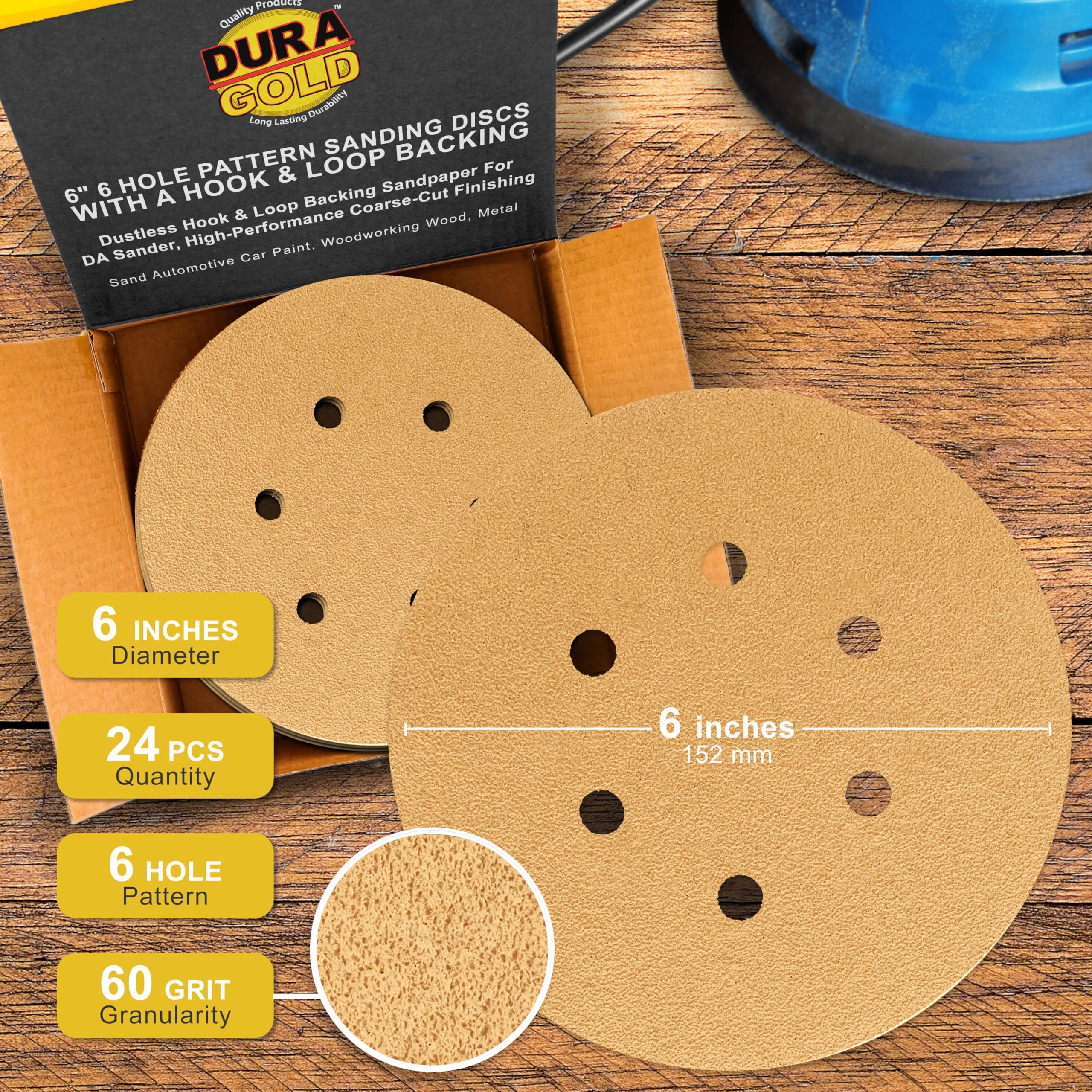 Dura-Gold - Premium - Discos de lija de 6 agujeros para lijadoras DA de grano 60 de 6 pulgadas dorados, con gancho y bucle, caja de 24 discos de acabado de papel de lija para automoción y carpintería