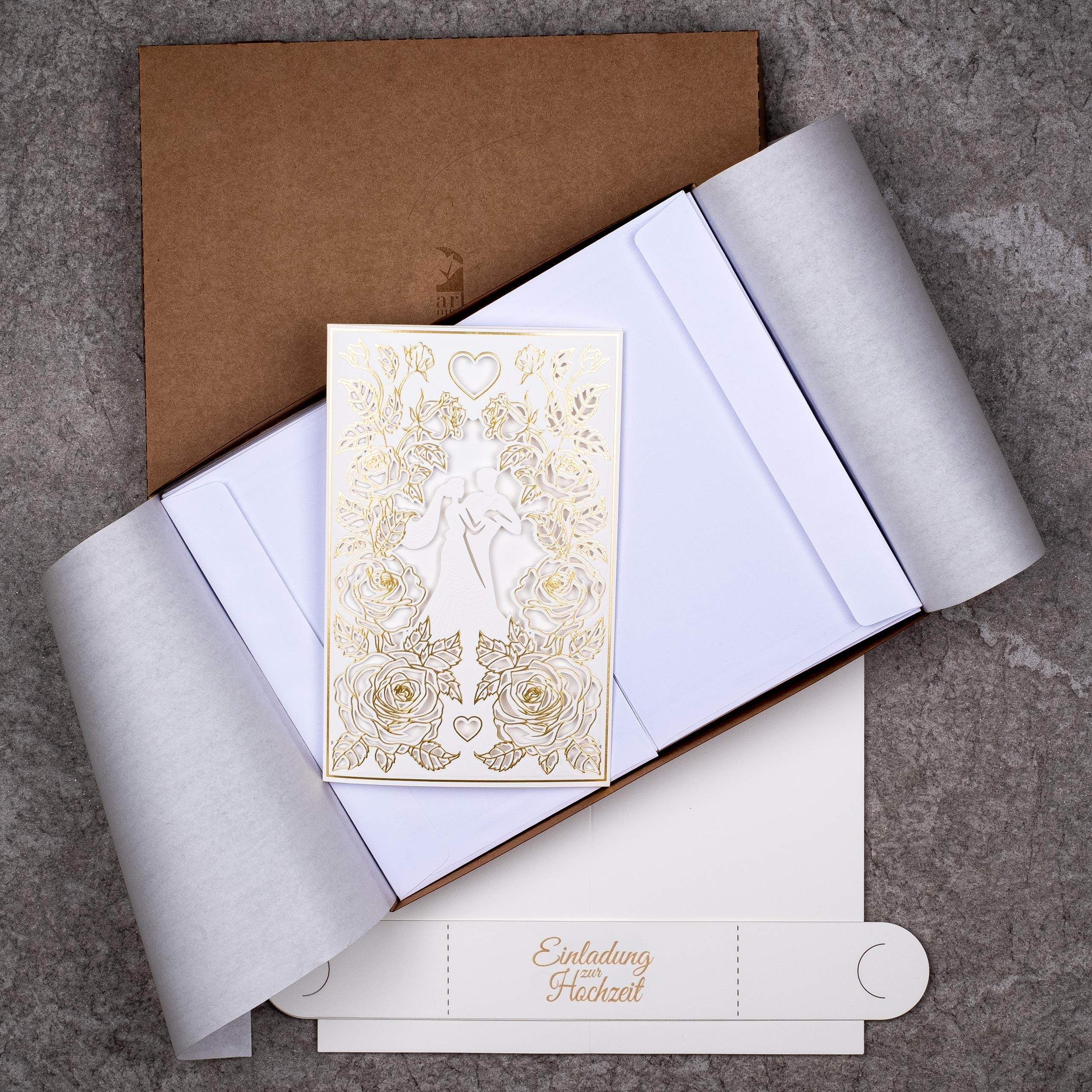 20 invitaciones de boda de 130 x 205 mm, con inserciones y sobres imprimibles para boda, corte láser, acabado con lámina dorada. Patrón prensado con inscripciones grabadas ZAP_DE_09